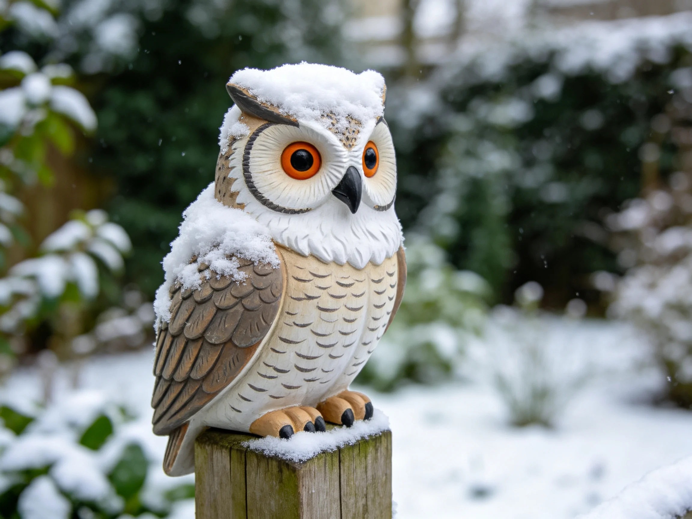 A snow-dusted owl figurine perched on a wooden post