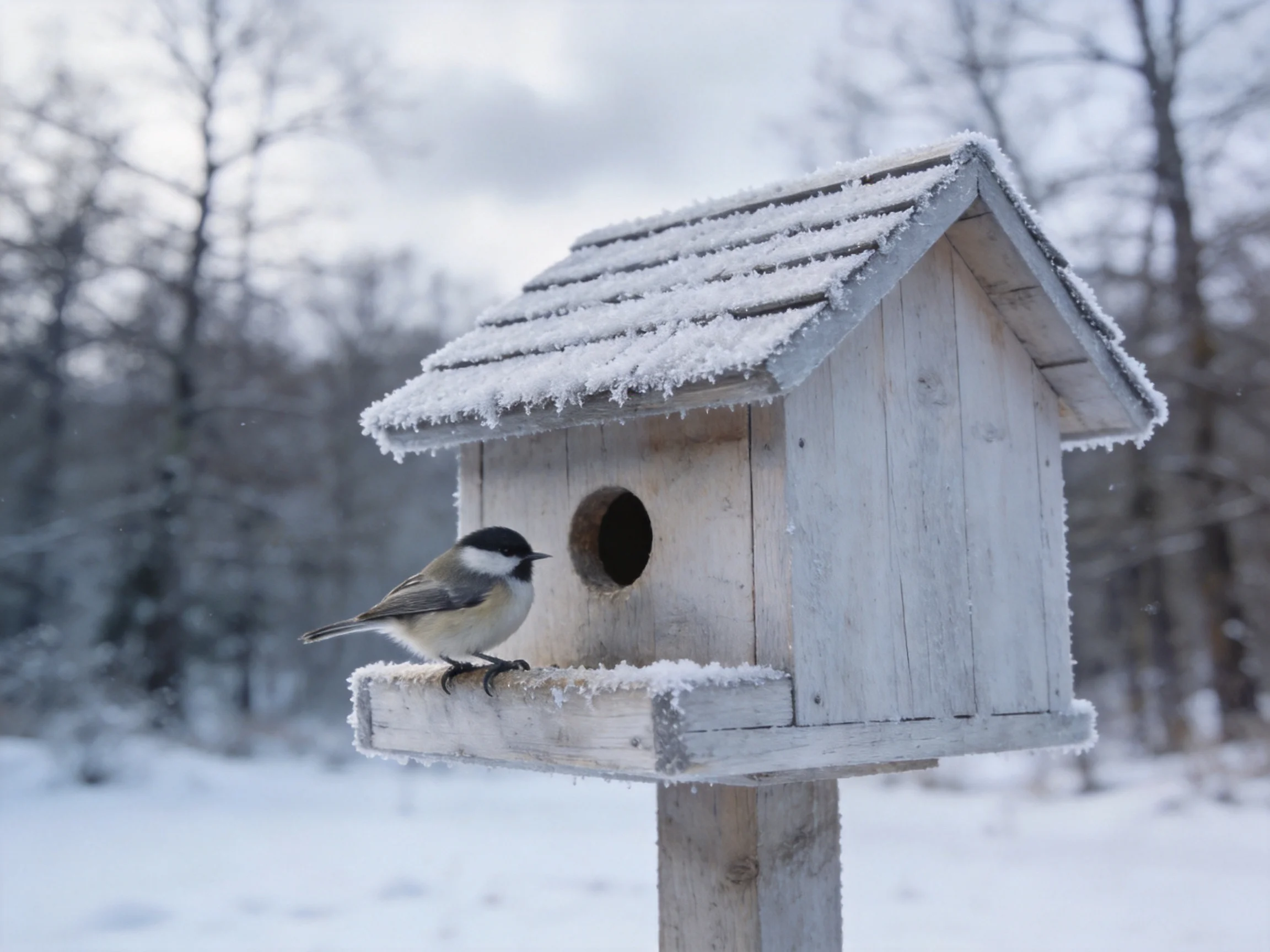A snow-dusted wooden birdhouse with a black-capped chickadee