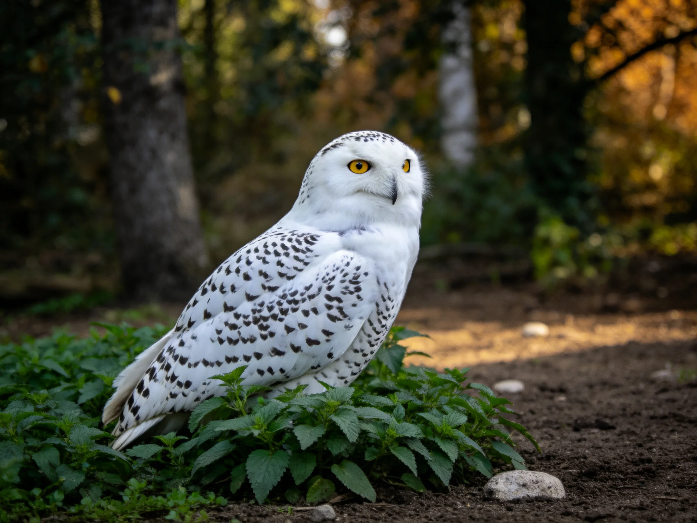 A snow-white owl with dark spotted wings in a forest clearing