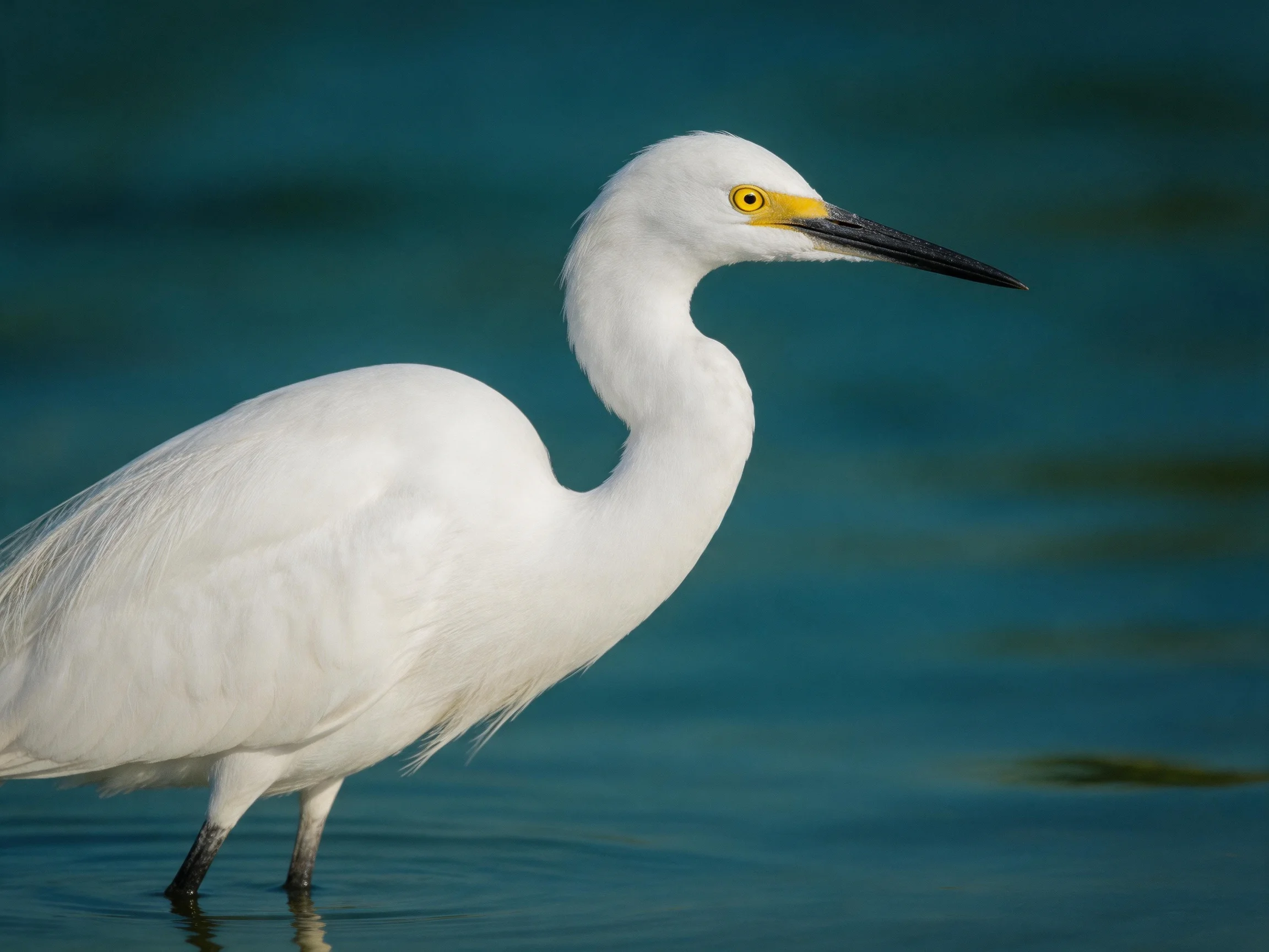 A snowy egret stands in calm blue water with a yellow eye ring