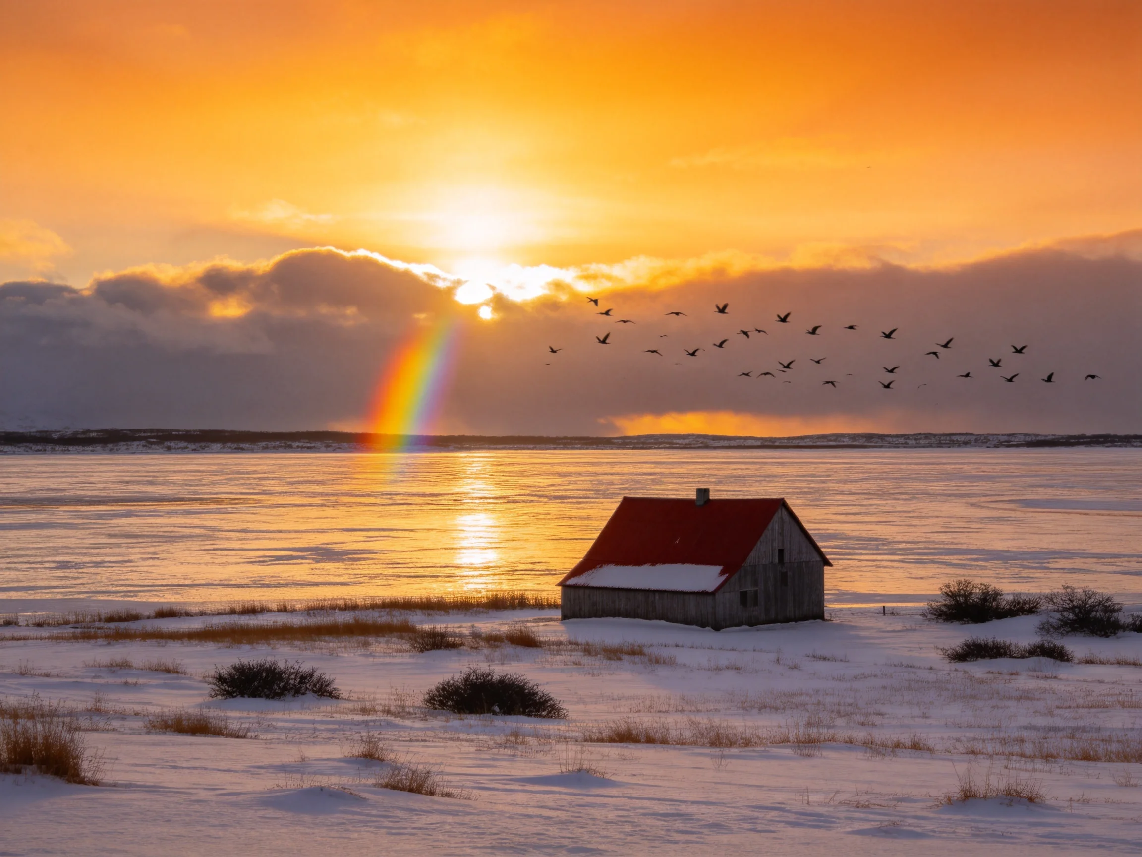 A snowy landscape with a red-roofed house, sunset rainbow, and bird flock