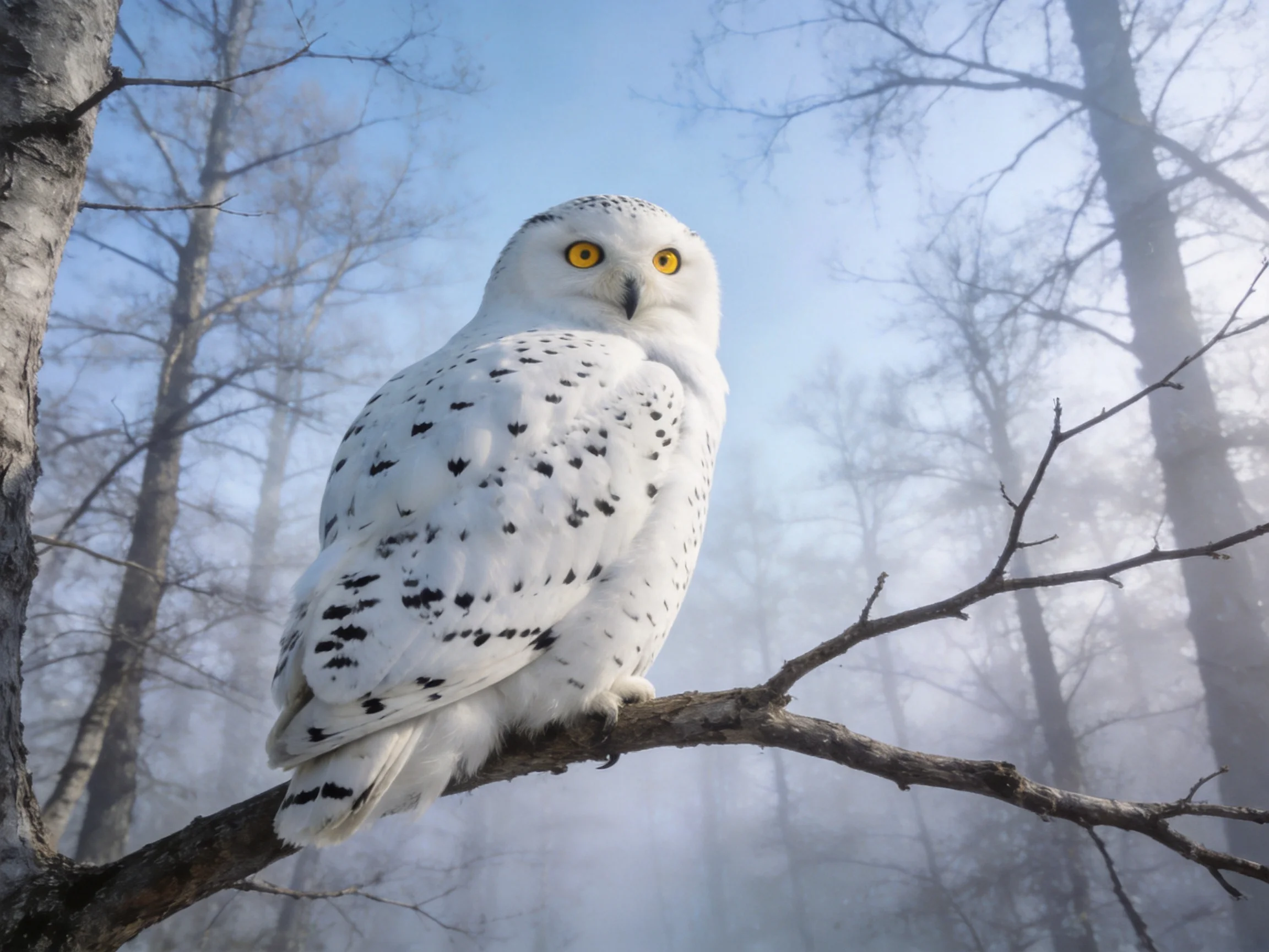 A snowy owl perched on a bare tree branch in a misty forest