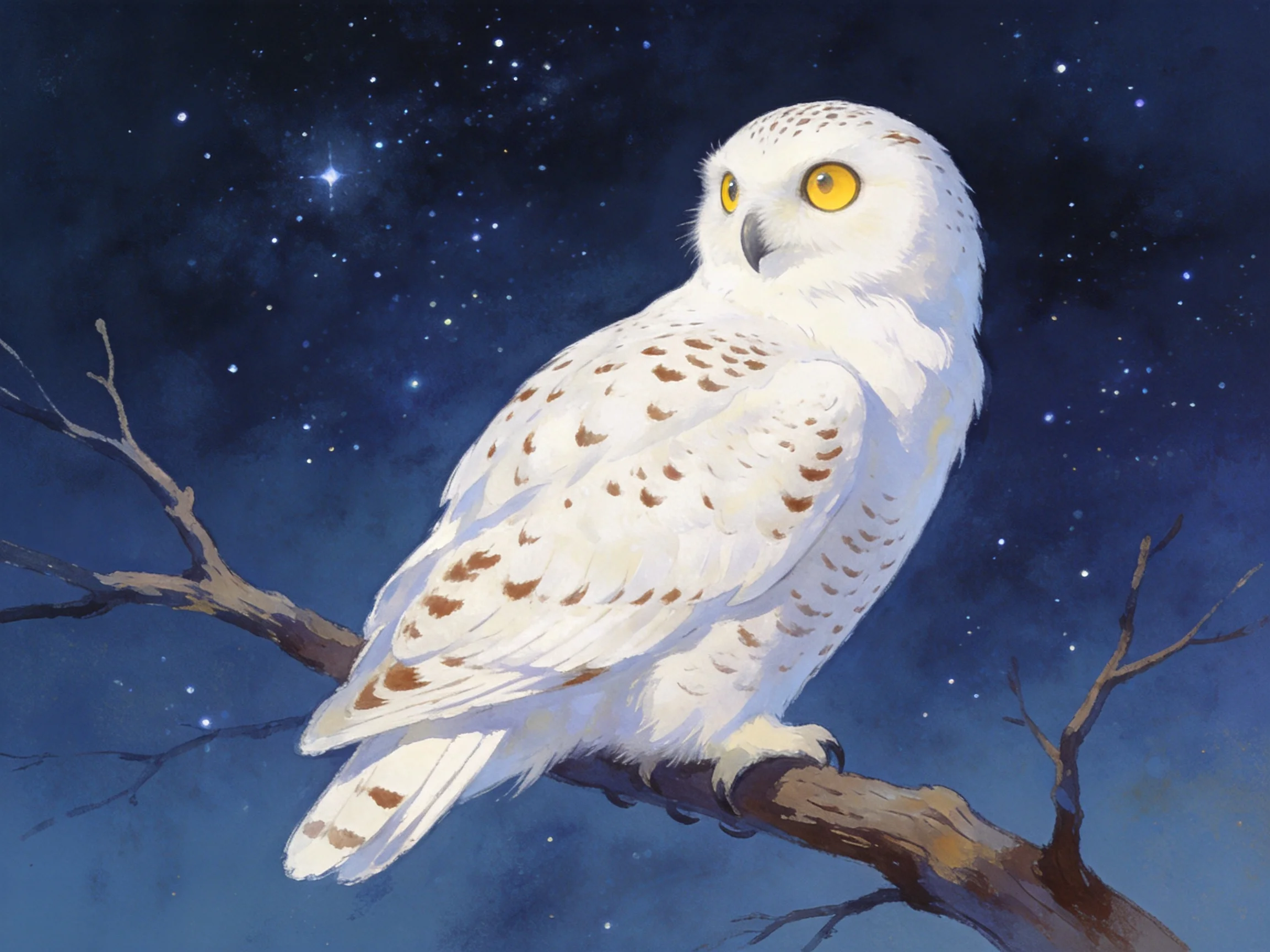 A snowy owl perched on a bare tree branch under a starry night sky