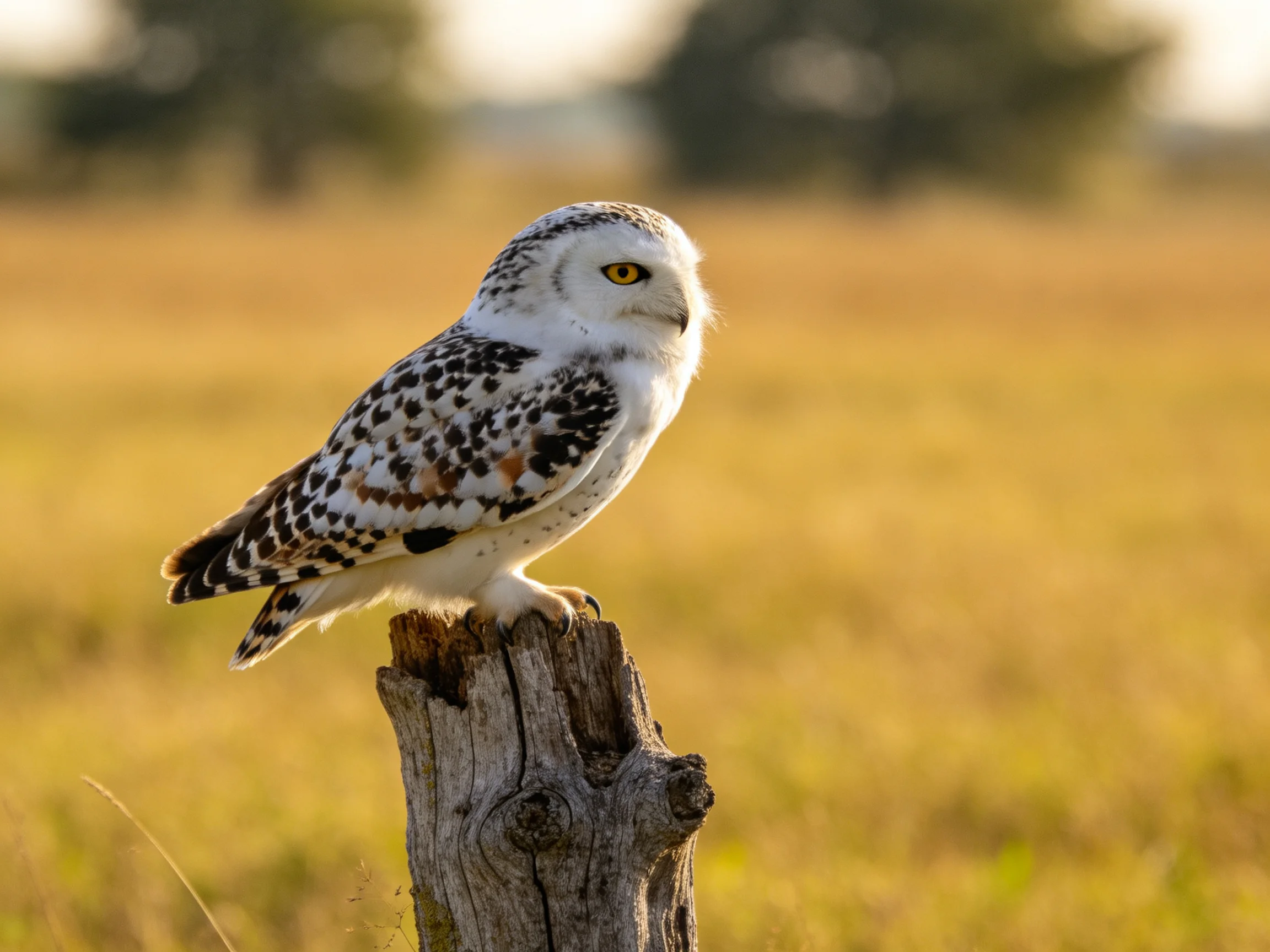 A snowy owl perched on a weathered wooden post in golden fields