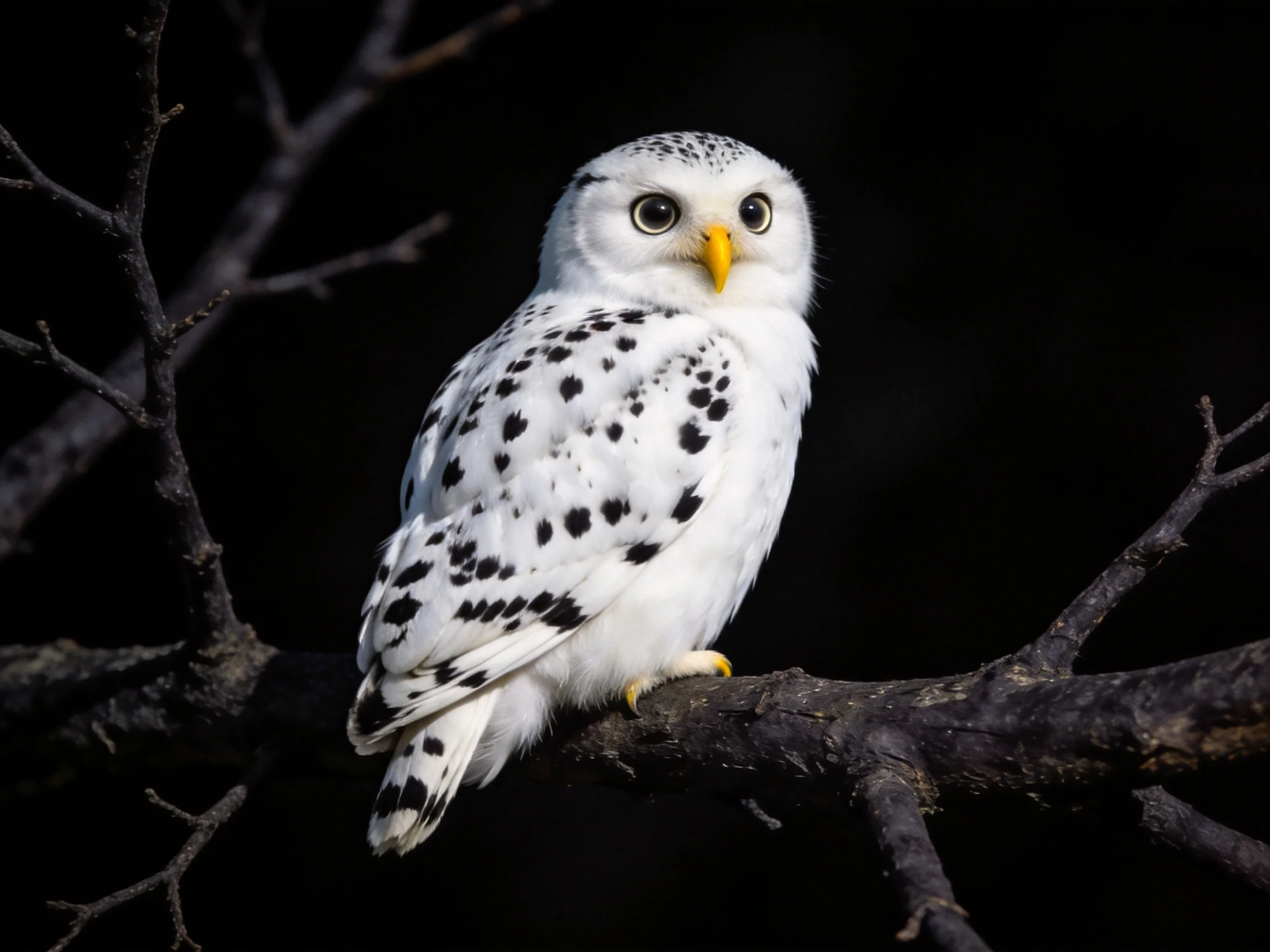 A snowy owl with black spots perched on a bare tree branch