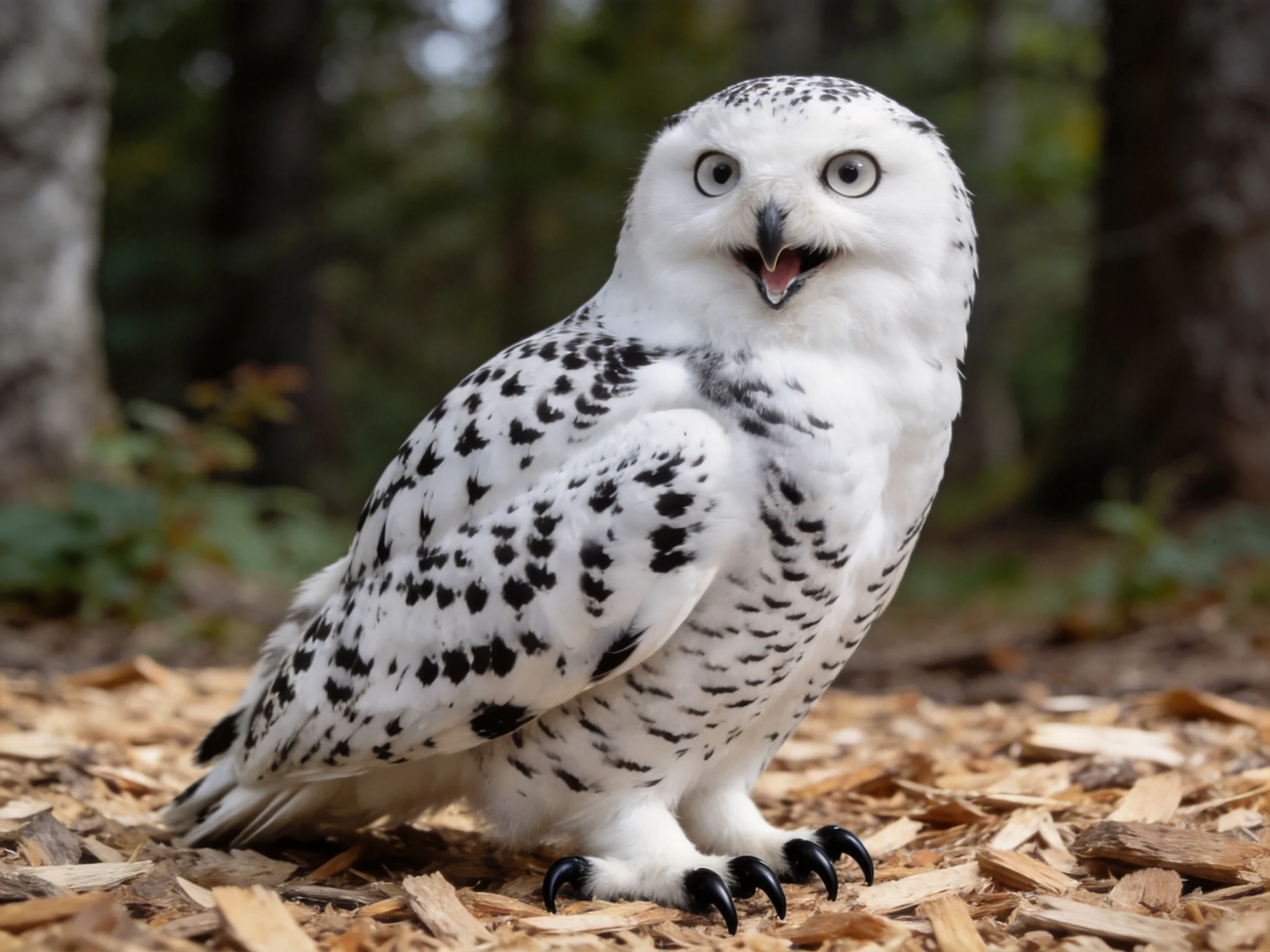 A snowy owl with black-spotted feathers on wood chips