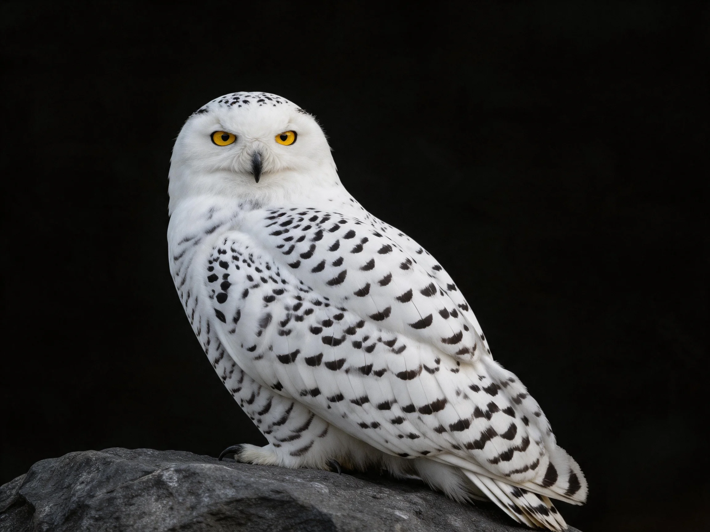 A snowy owl with black-spotted plumage perched on a gray rock