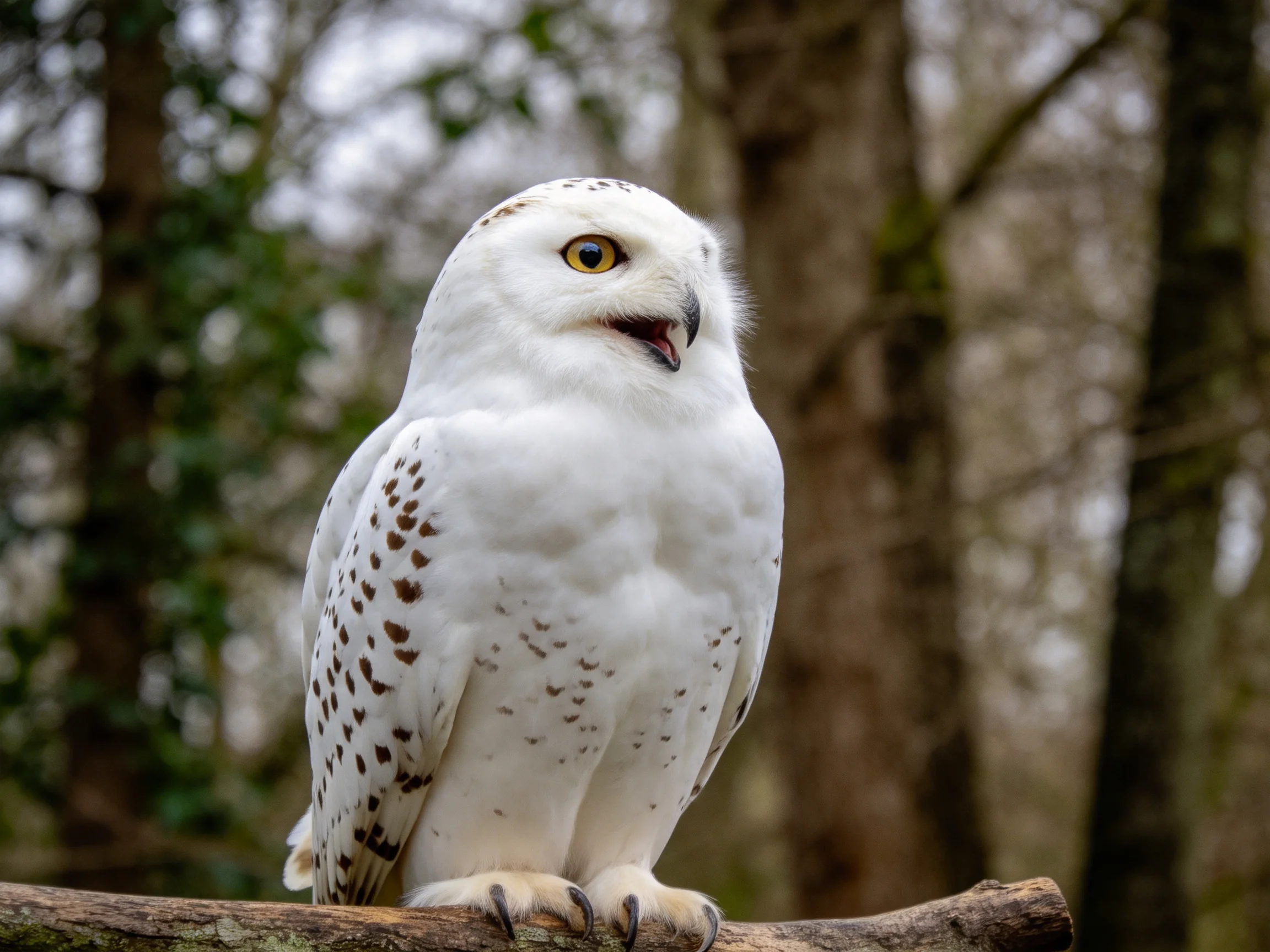 A snowy owl with brown-spotted wings perched on a tree branch
