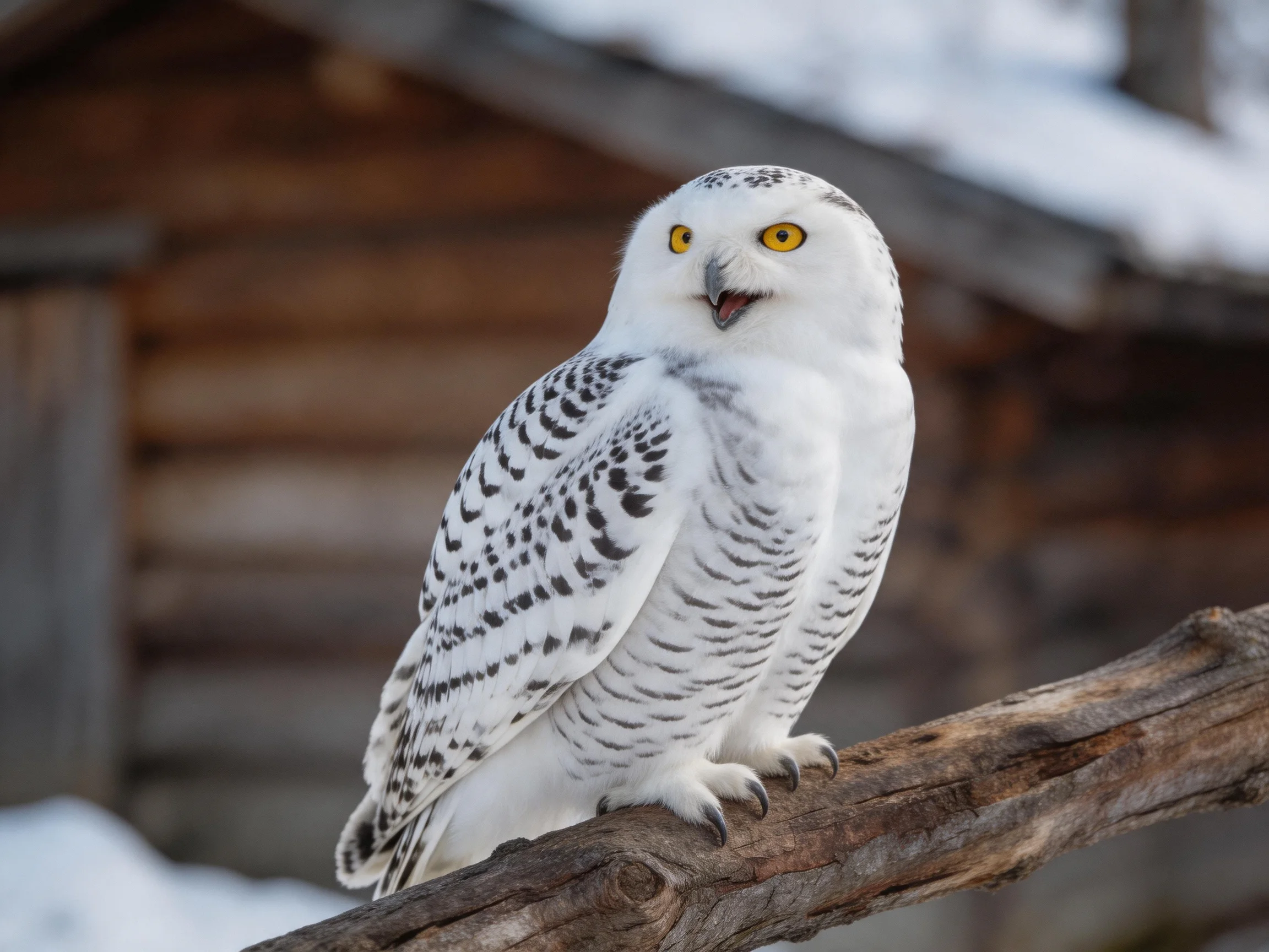 A snowy owl with yellow eyes perched on a weathered branch near a wooden cabin
