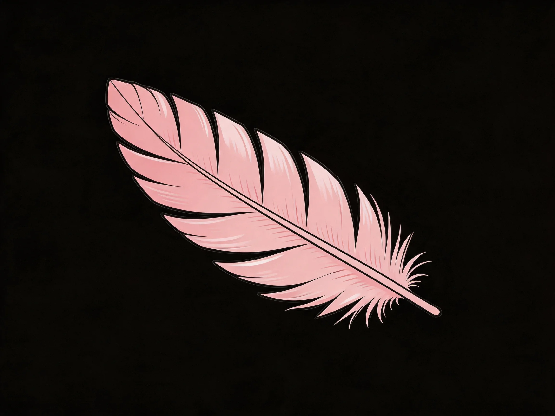 A soft pink feather with defined barbs on a solid black backdrop