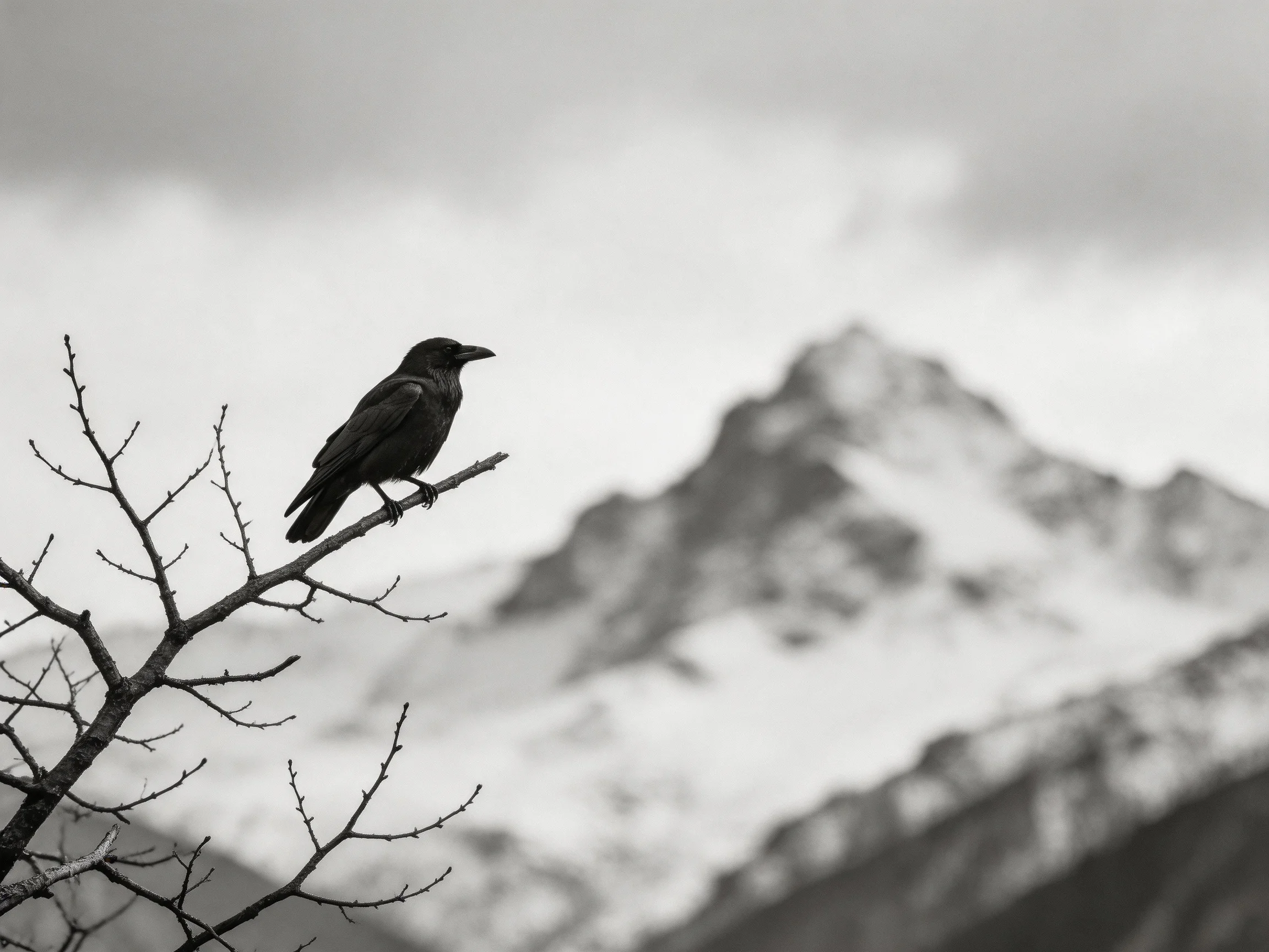 A solitary bird perches on a bare branch near snow-capped mountains