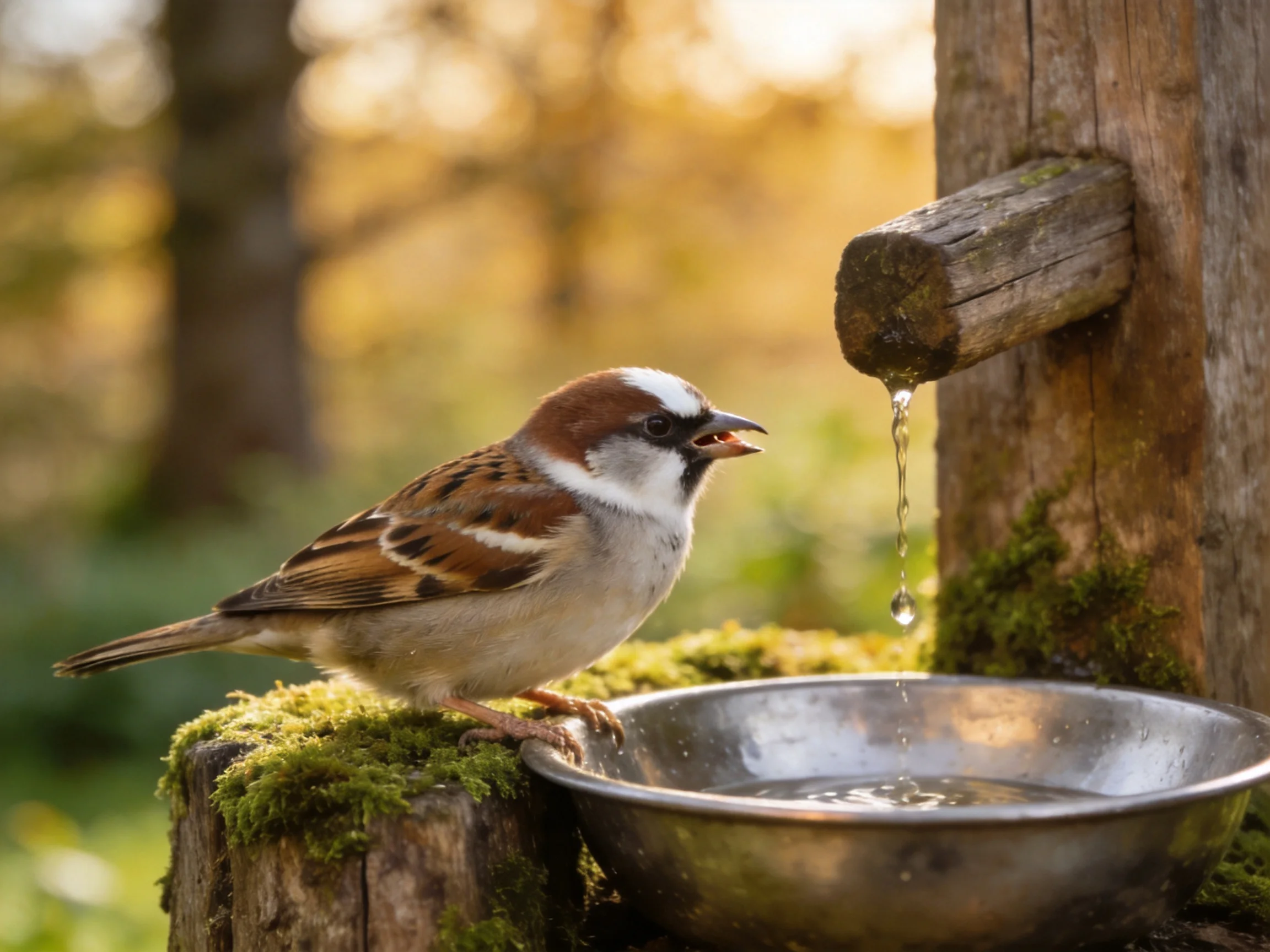A sparrow perches by a moss-covered wooden feeder with dripping water