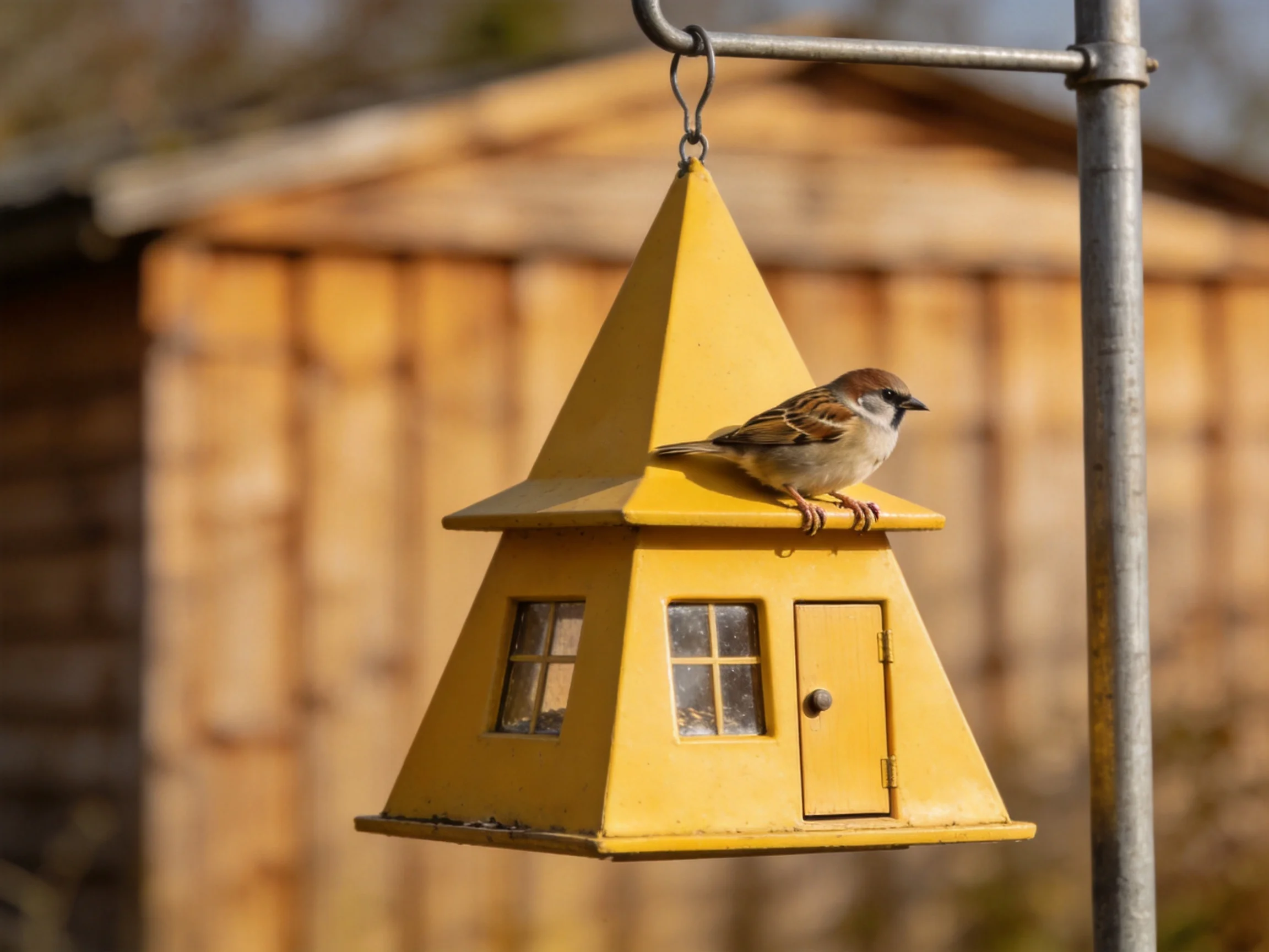 A sparrow perches on a bright yellow pyramid bird feeder