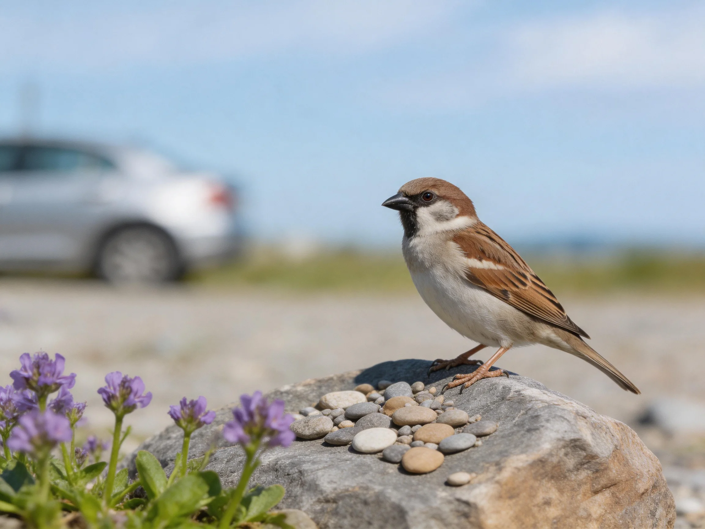 A sparrow perches on a rock with pebbles, purple flowers, and a silver car in the distance