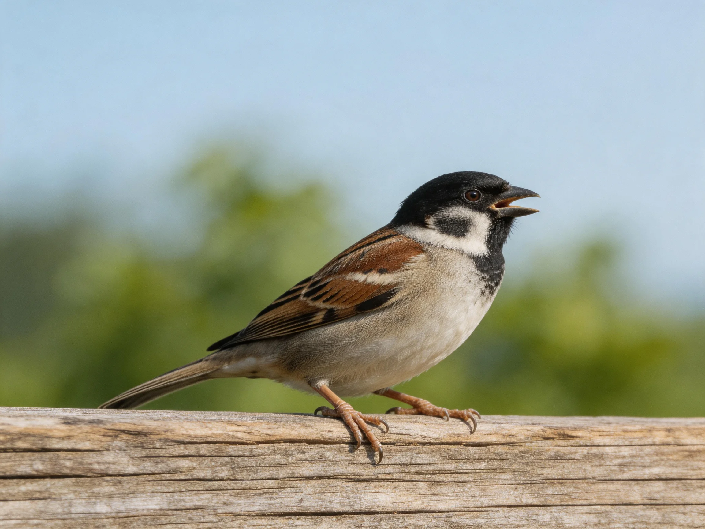 A sparrow with black, brown, and white plumage perched on weathered wood