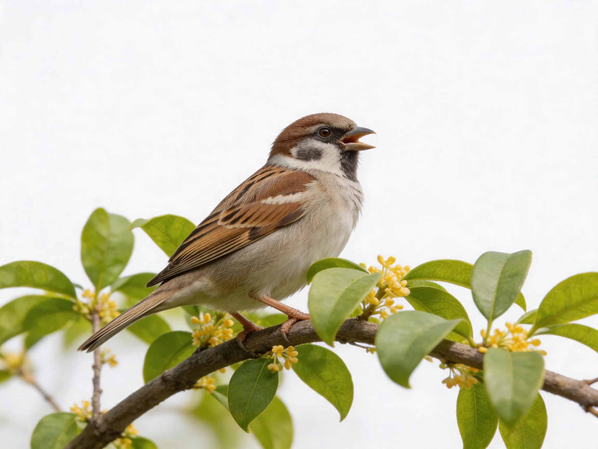 A sparrow with brown and white plumage perches on a leafy branch