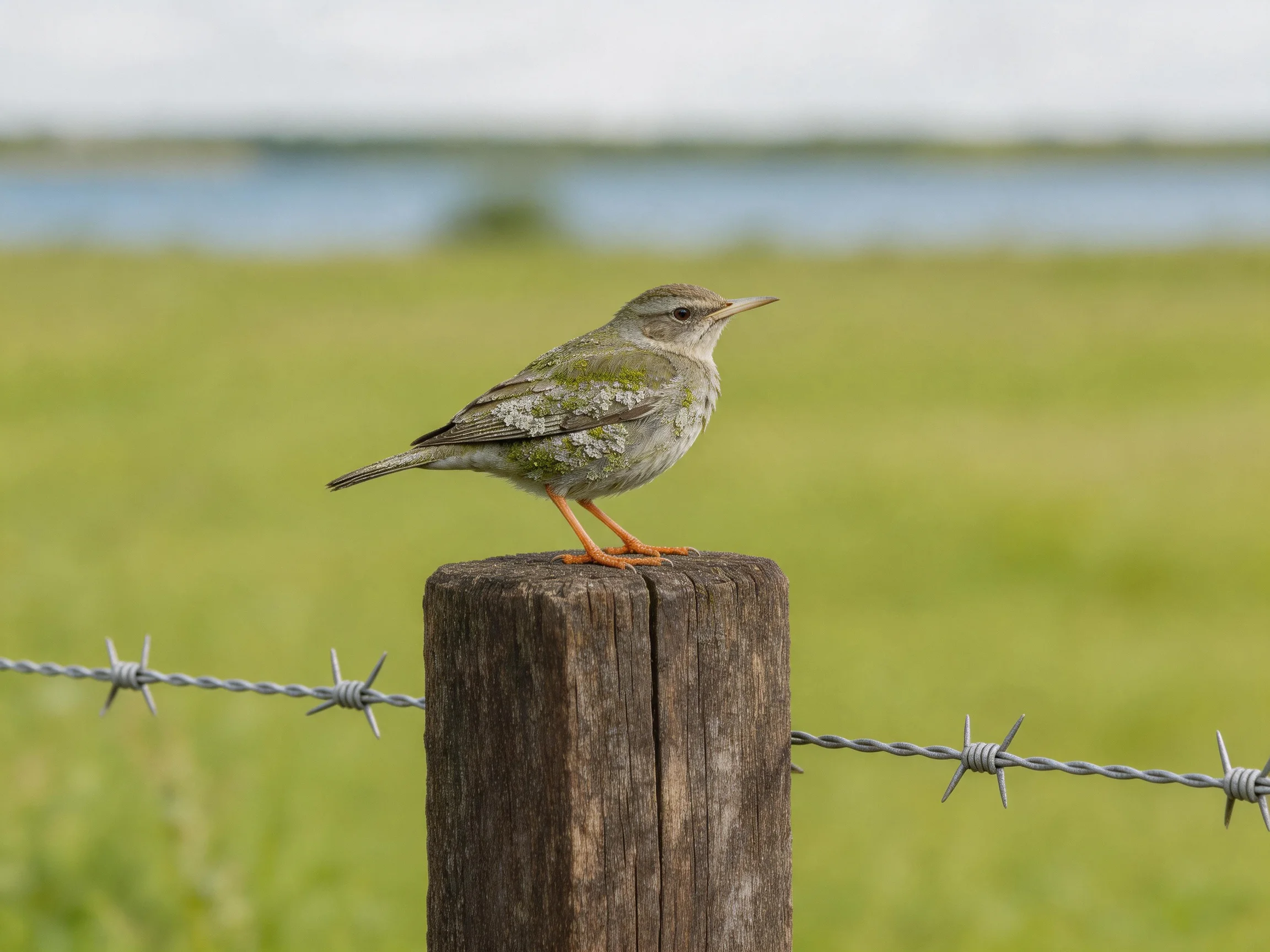 A speckled bird perches on a weathered wooden post near barbed wire