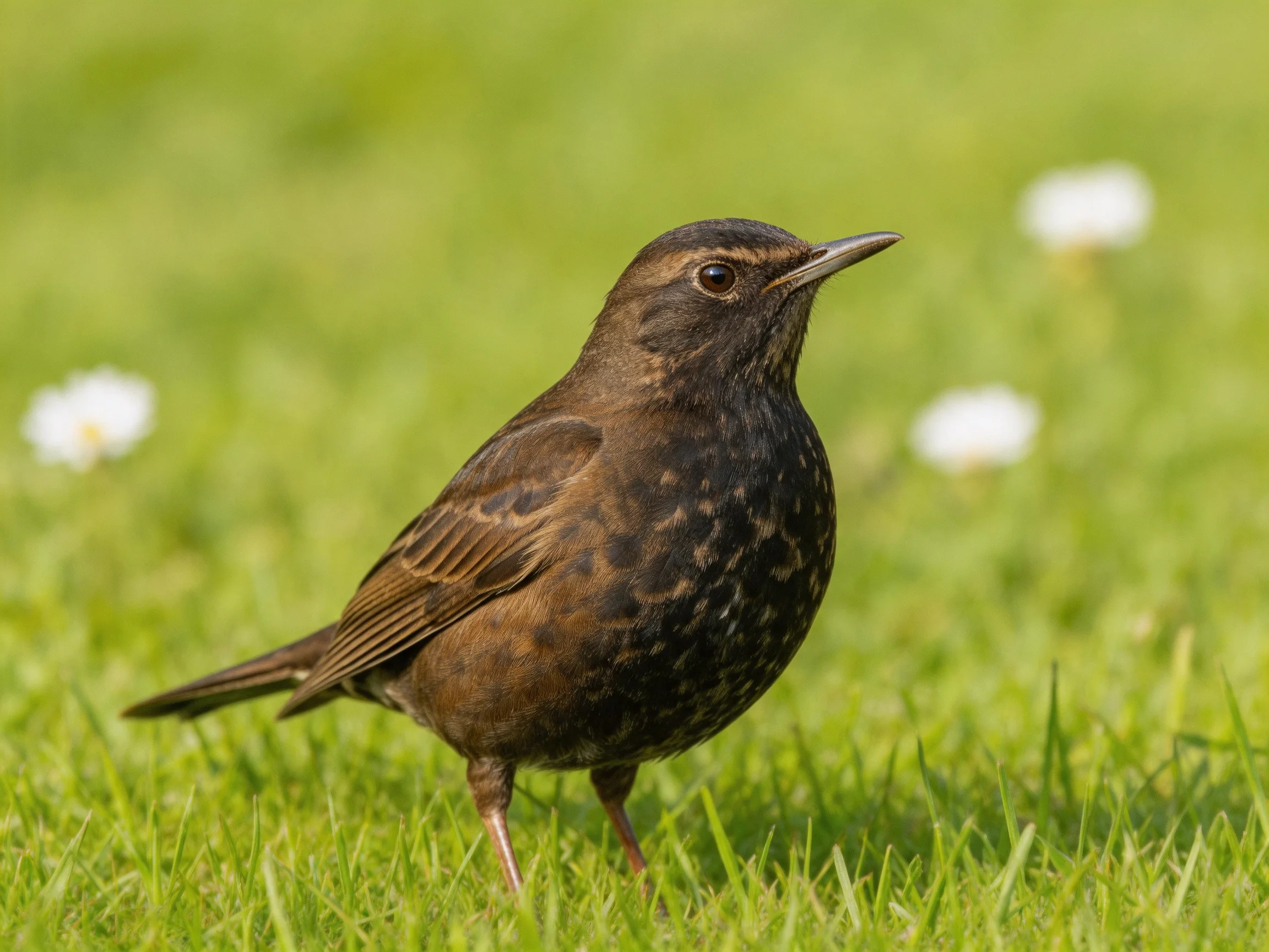 A speckled brown bird standing on bright green grass with white flowers