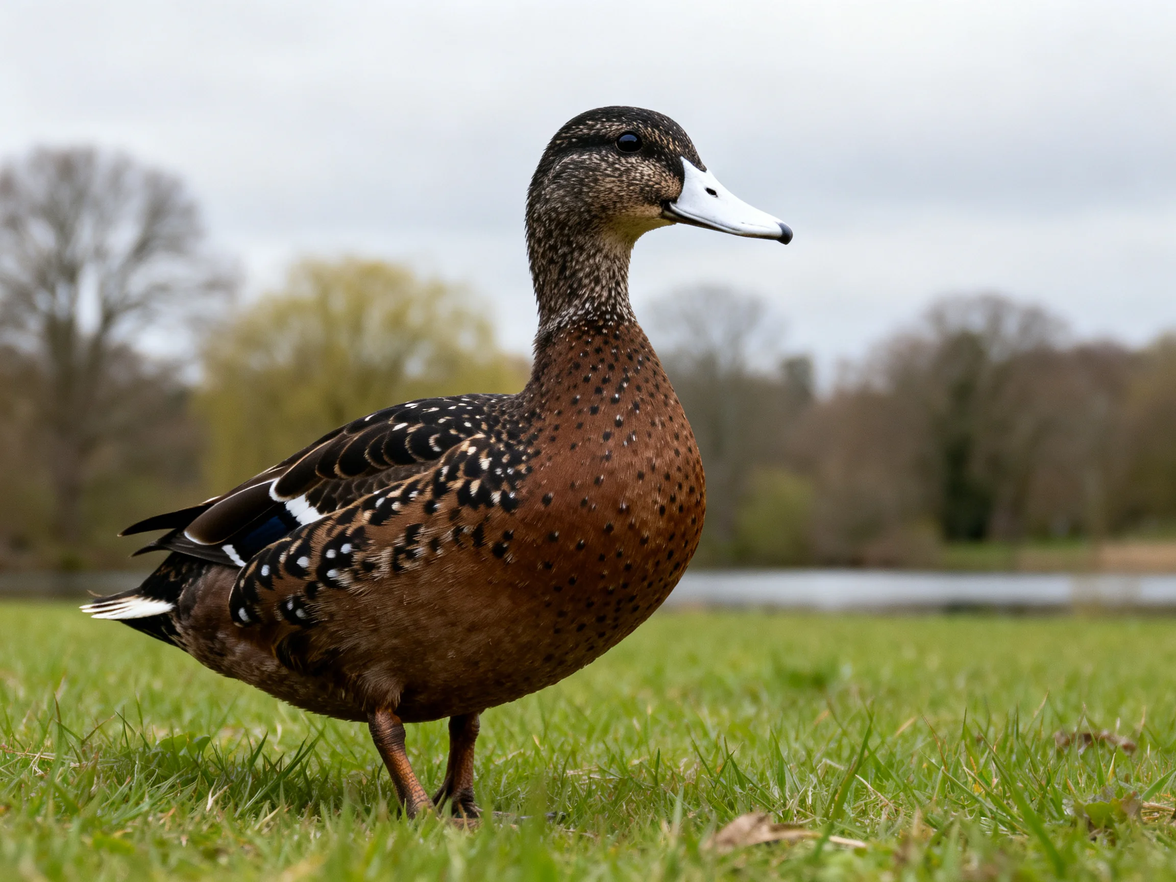 A speckled brown duck stands on lush green grass near water