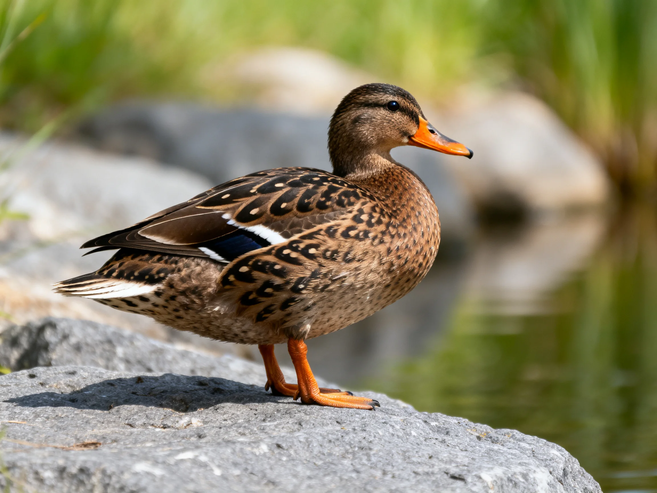 A speckled brown duck with an orange beak perched on gray rocks by calm water