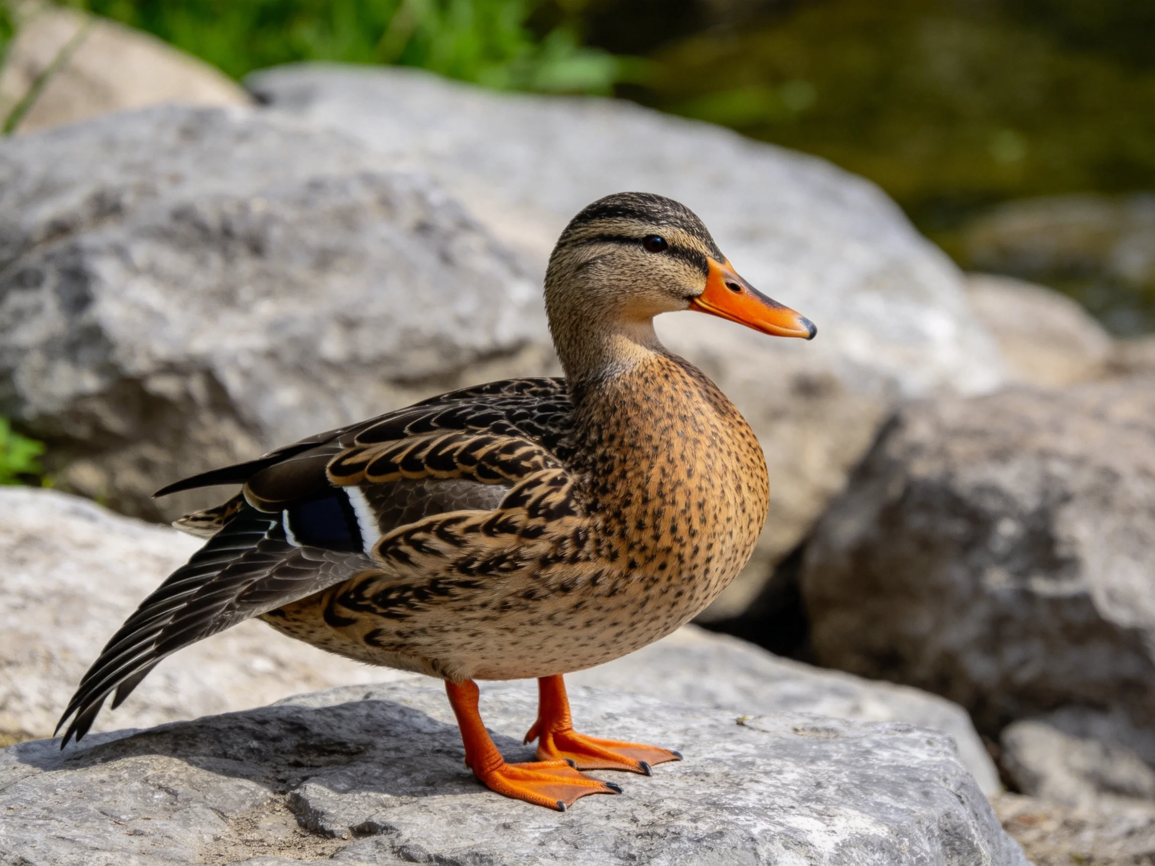 A speckled brown duck with an orange beak perched on large gray rocks