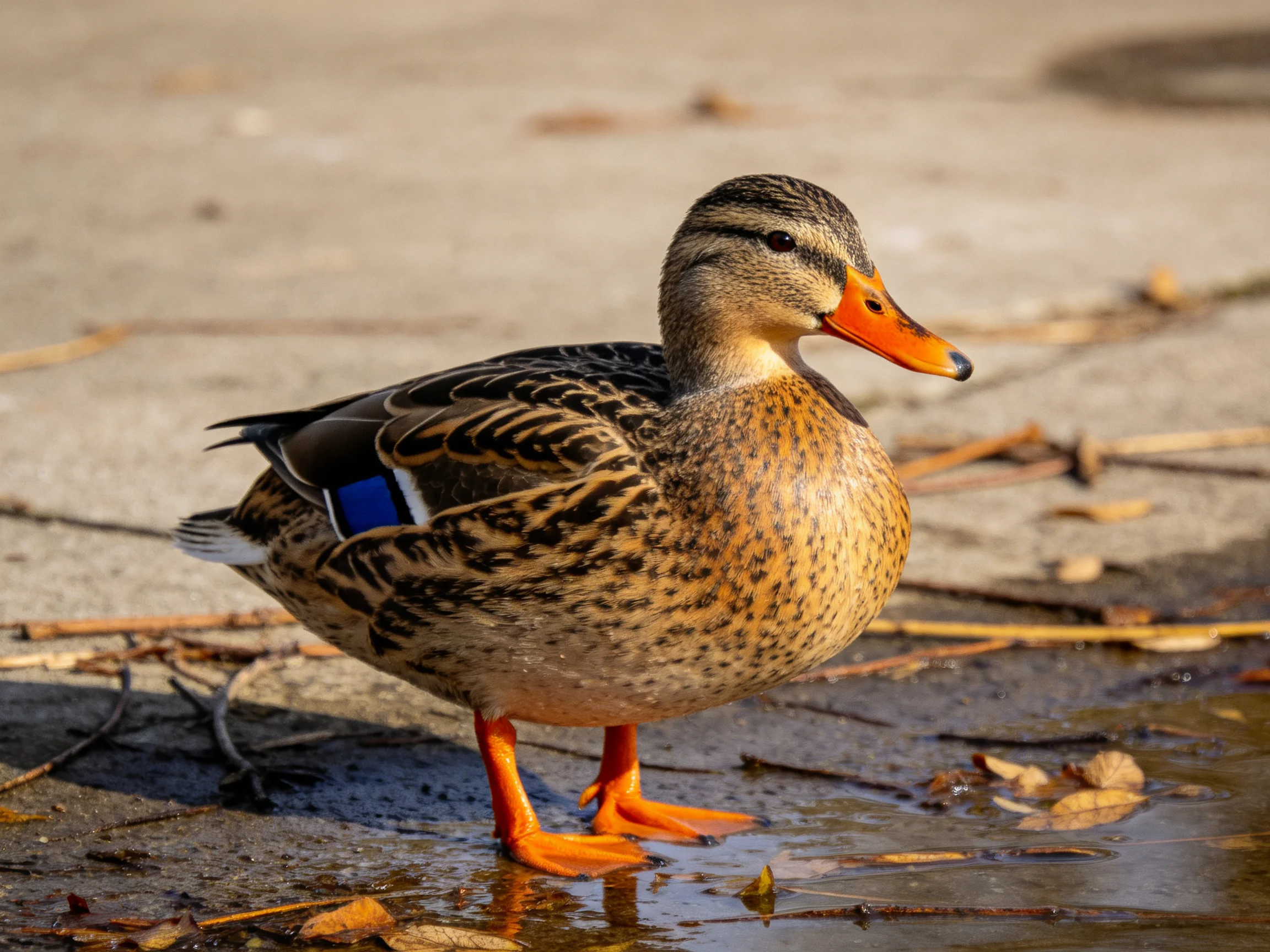 A speckled brown duck with an orange beak stands by shallow water