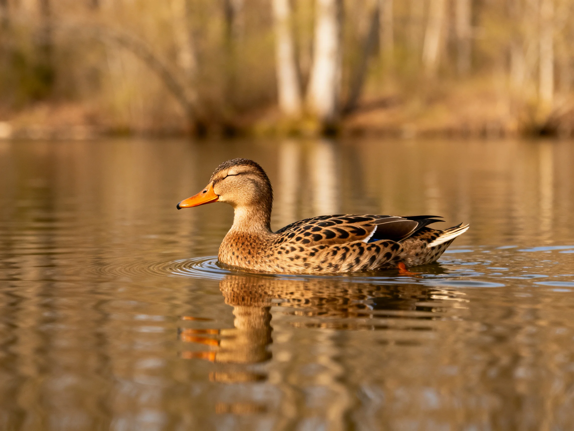 A speckled duck glides on calm water with blurred trees