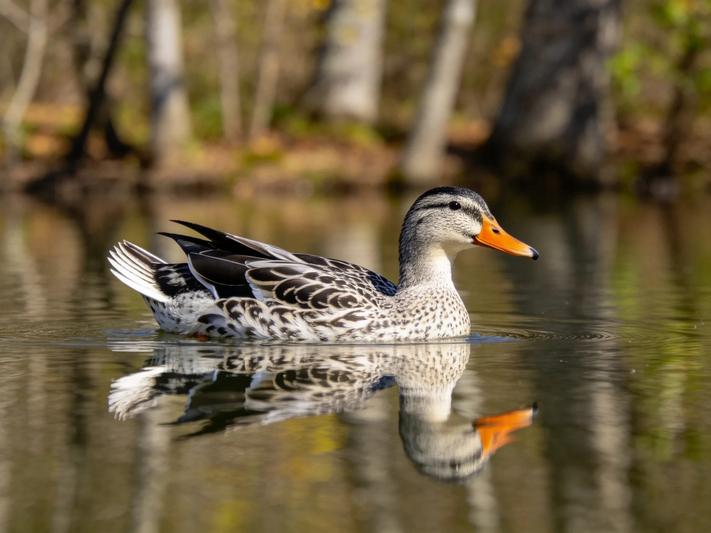 A speckled duck swims in calm water near blurred trees