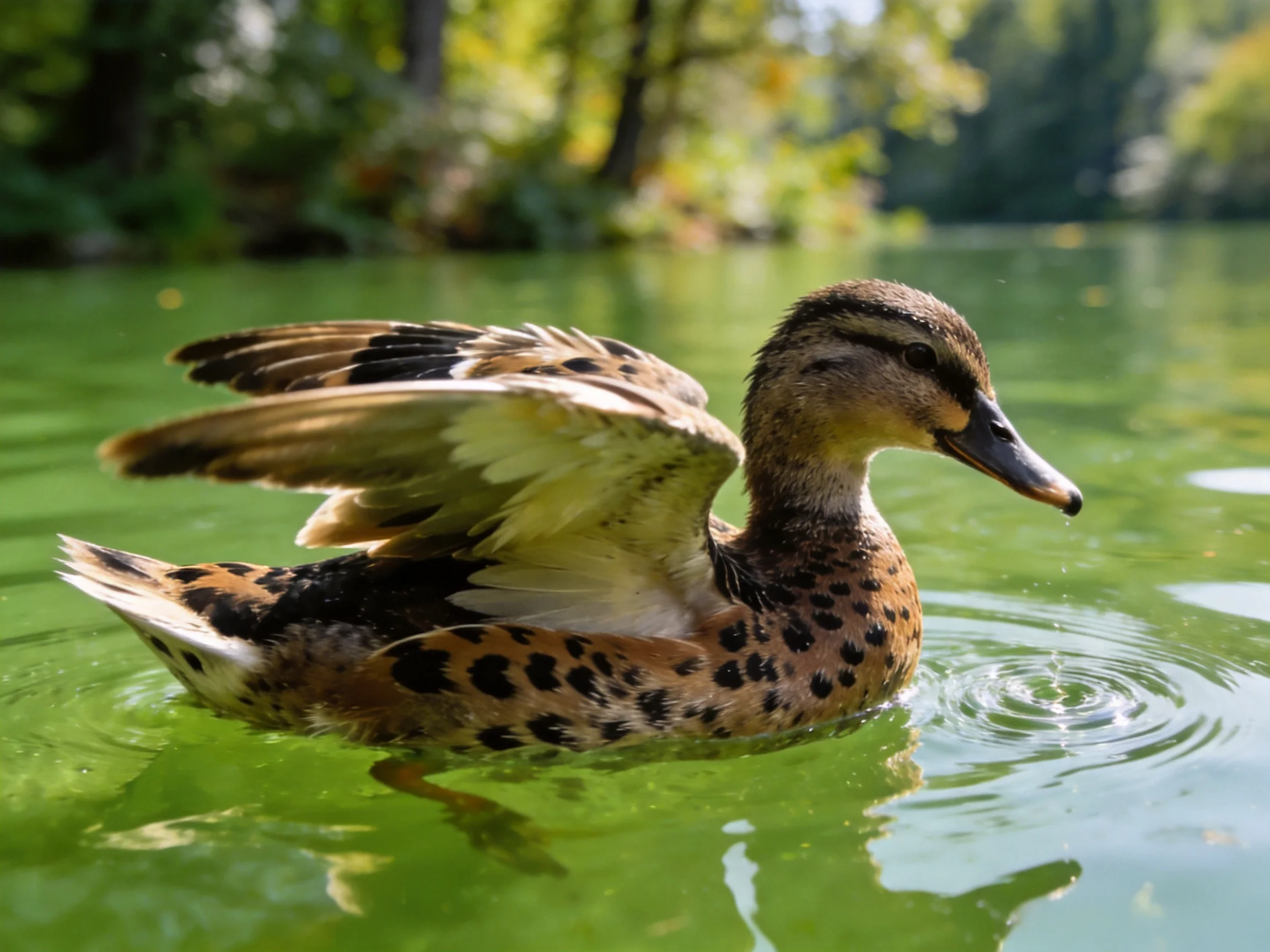 A speckled duck swims in greenish water near leafy trees