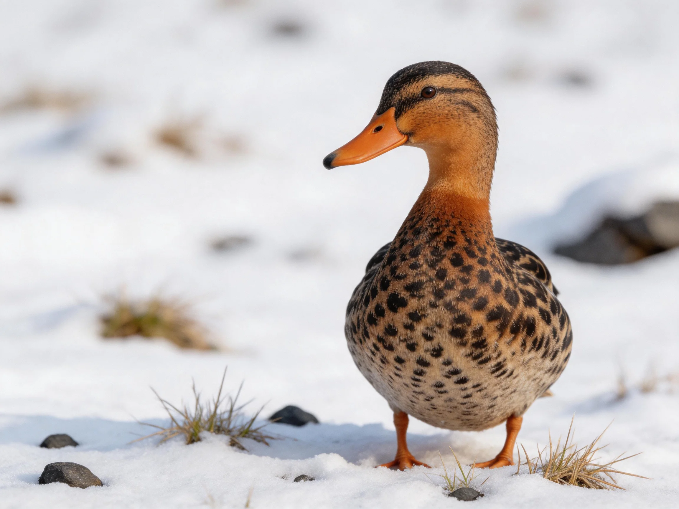 A speckled duck with an orange beak stands on snowy ground near patches of grass