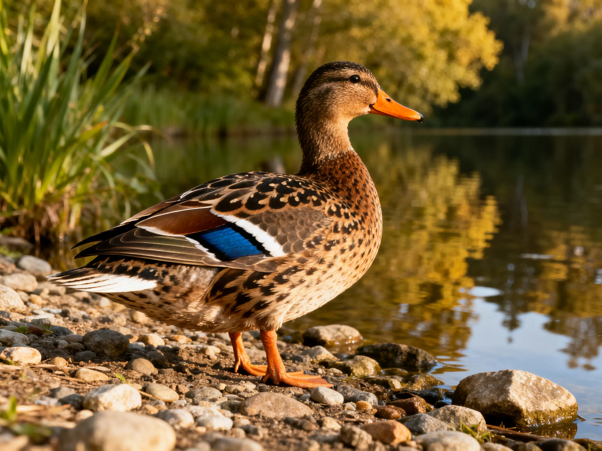 A speckled duck with blue wing patch by rocky shoreline