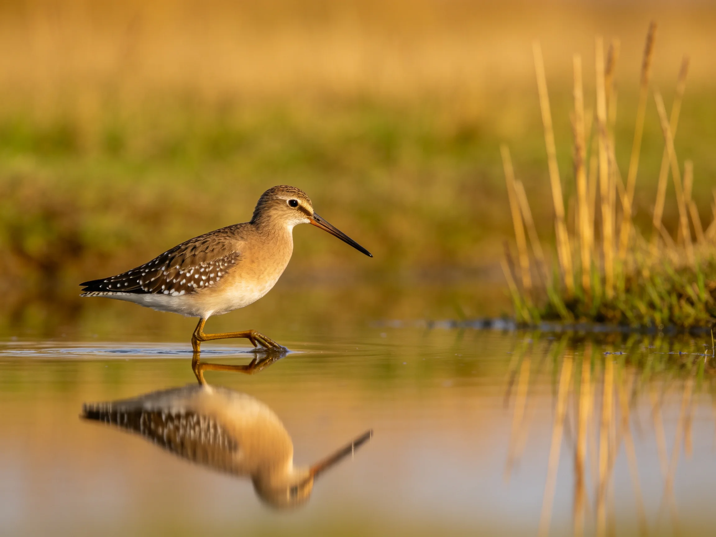 A speckled shorebird wades through calm, reflective wetland waters
