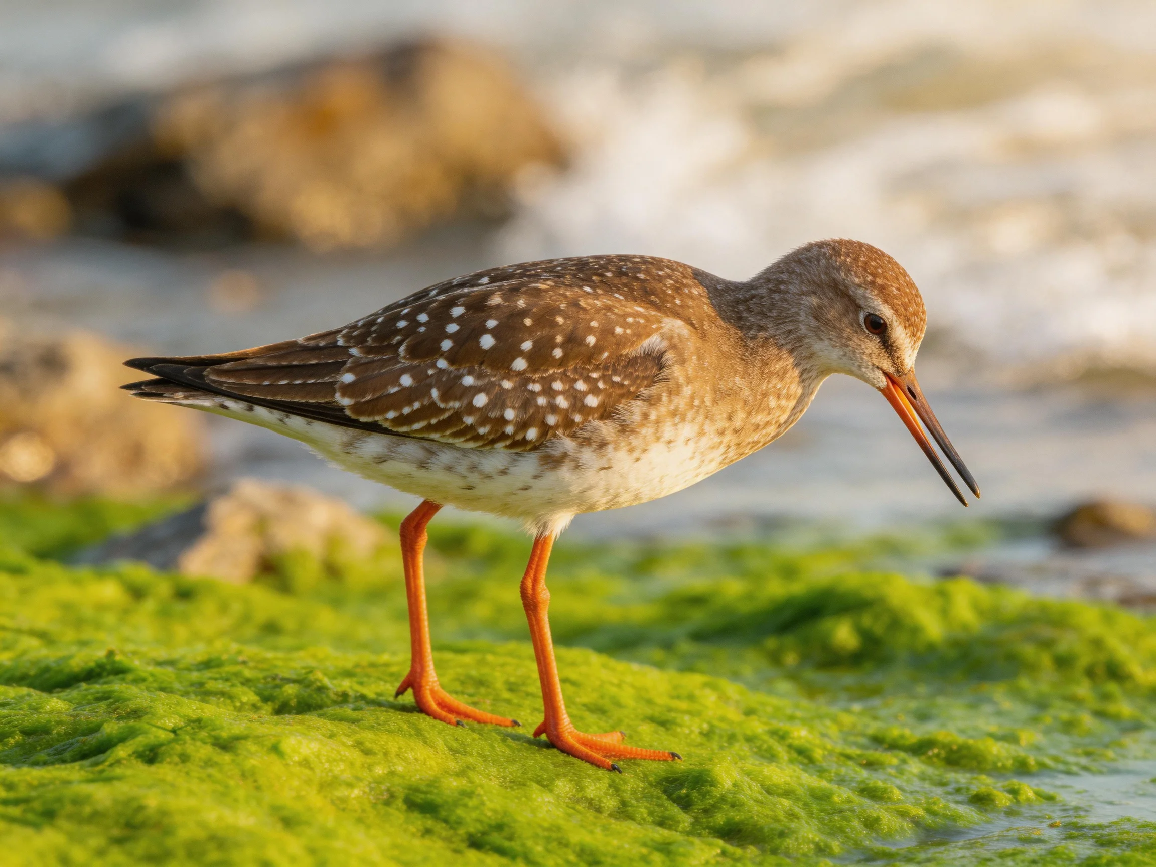 A speckled shorebird with bright orange legs foraging near green algae