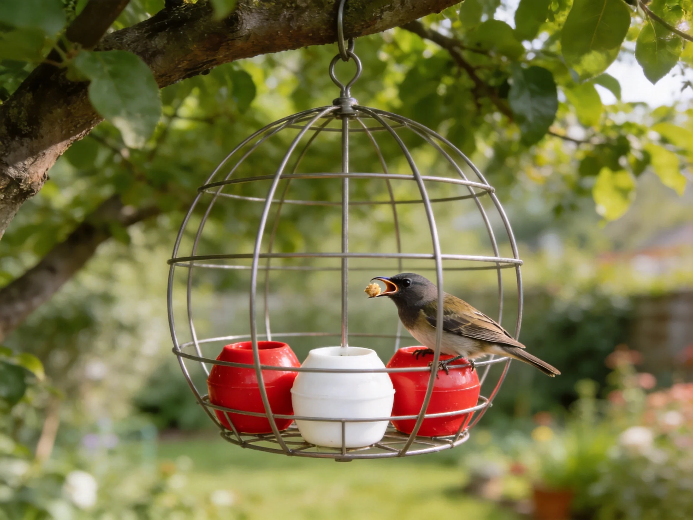 A spherical metal cage bird feeder with red and white containers, a bird feeding