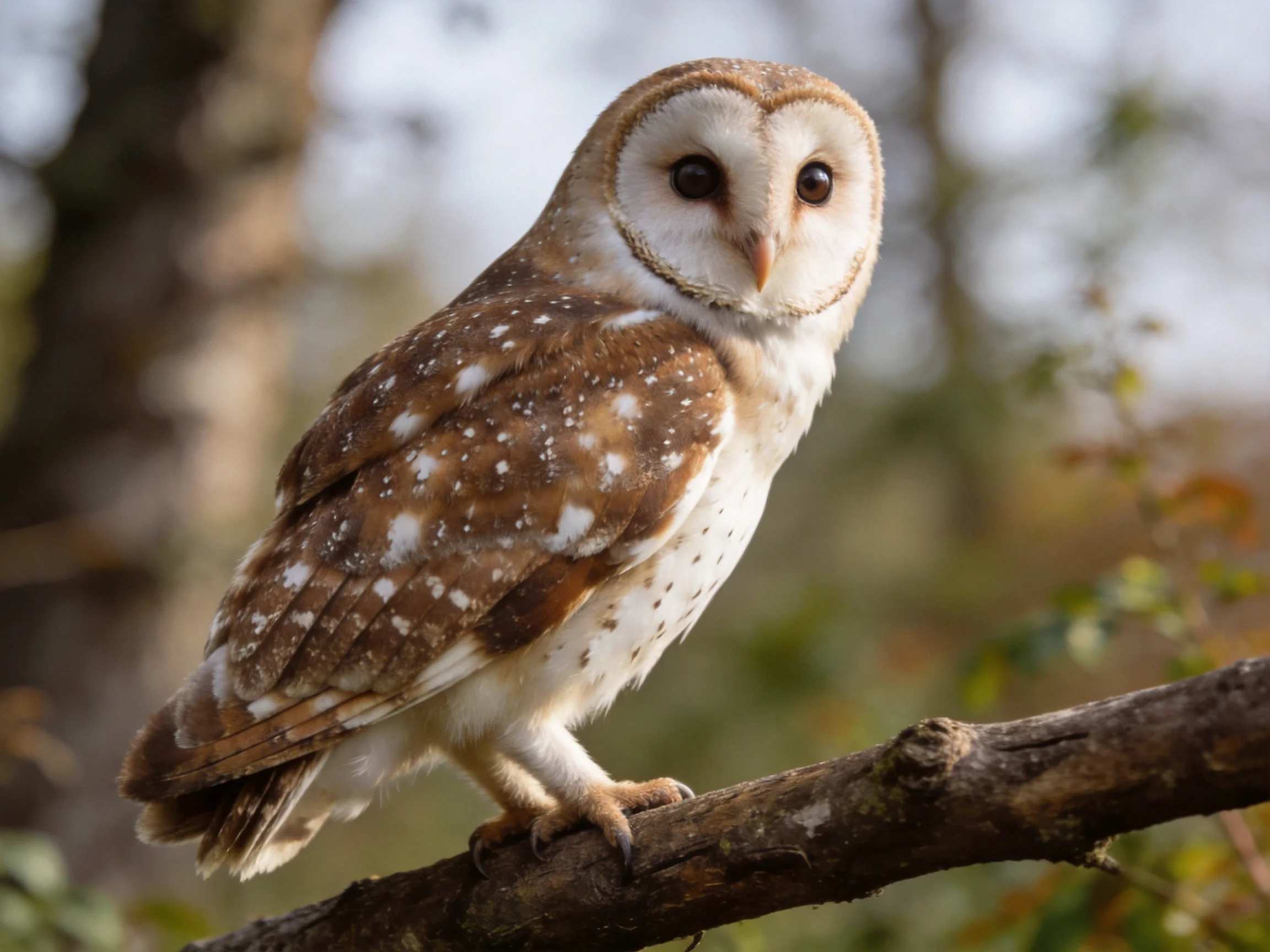 A spotted barn owl perched on a dark wooden branch