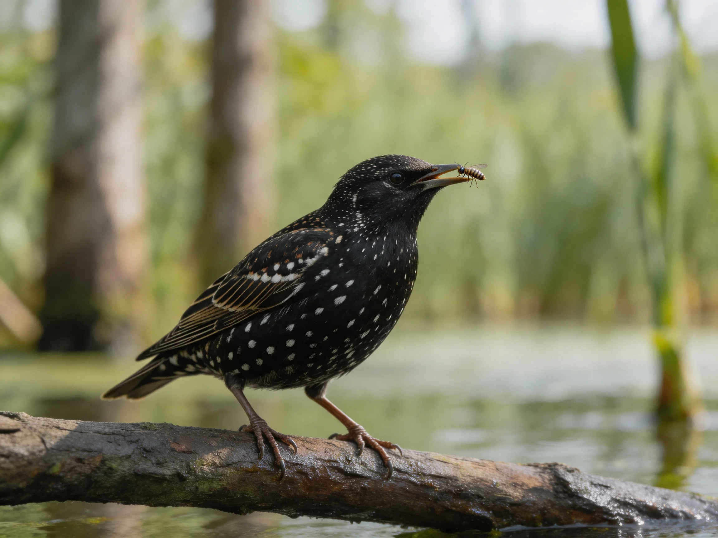 A spotted black bird holds an insect on a wet branch by calm water