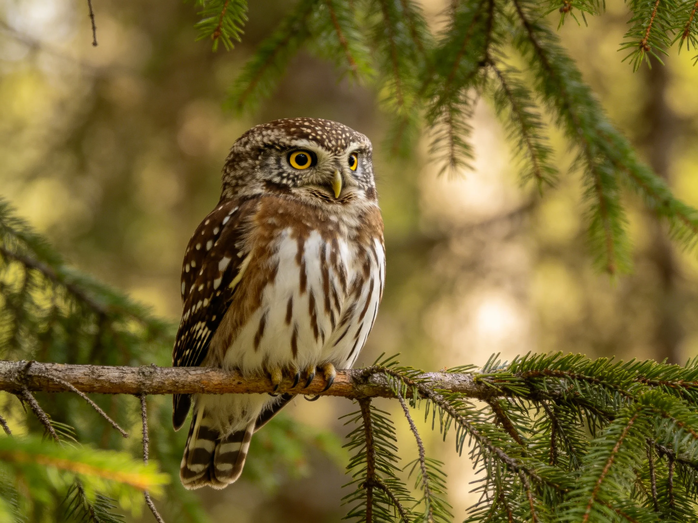 A spotted brown and white owl perched on a pine branch
