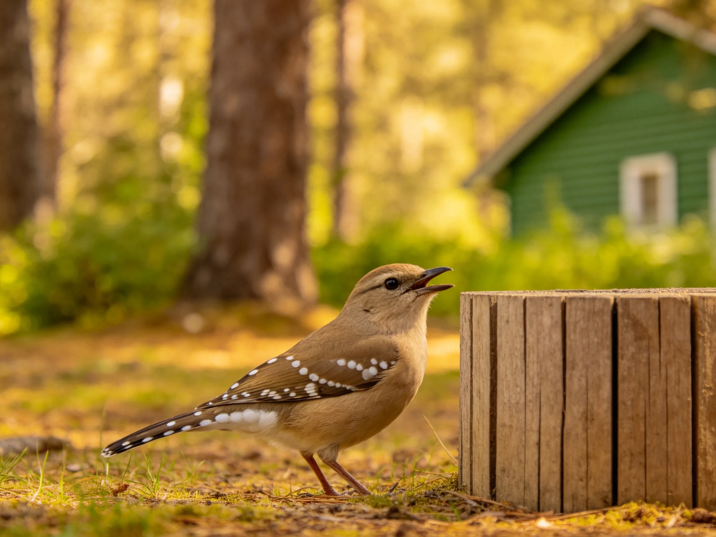 A spotted brown bird near a wooden feeder in a sunlit forest