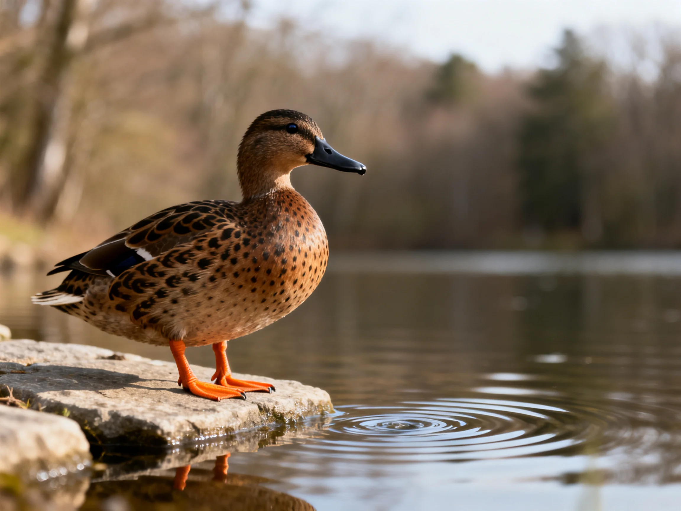A spotted brown duck perches on a rocky shore by calm water