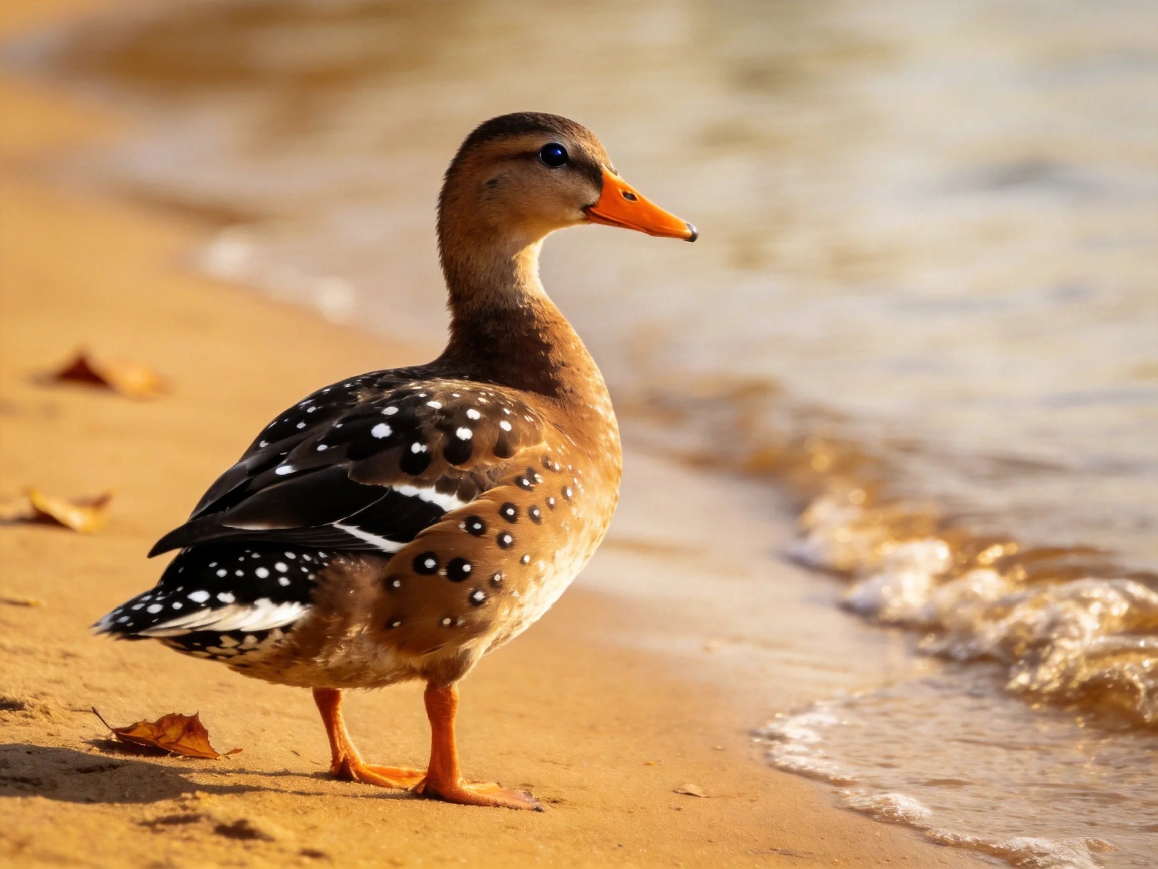 A spotted brown duck stands on golden sand by calm waters