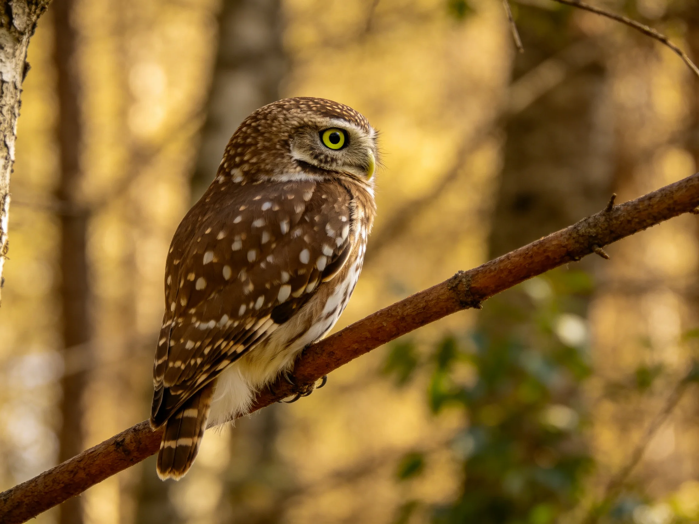 A spotted brown owl perched on a slender tree branch in golden forest light