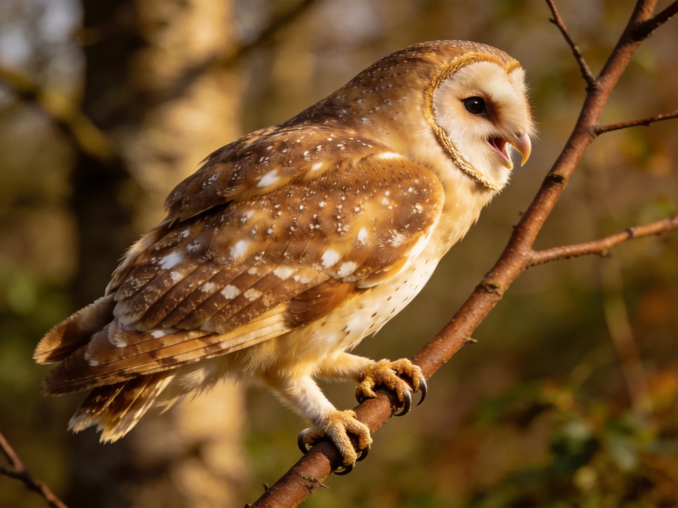 A spotted brown owl perched on a slender tree branch
