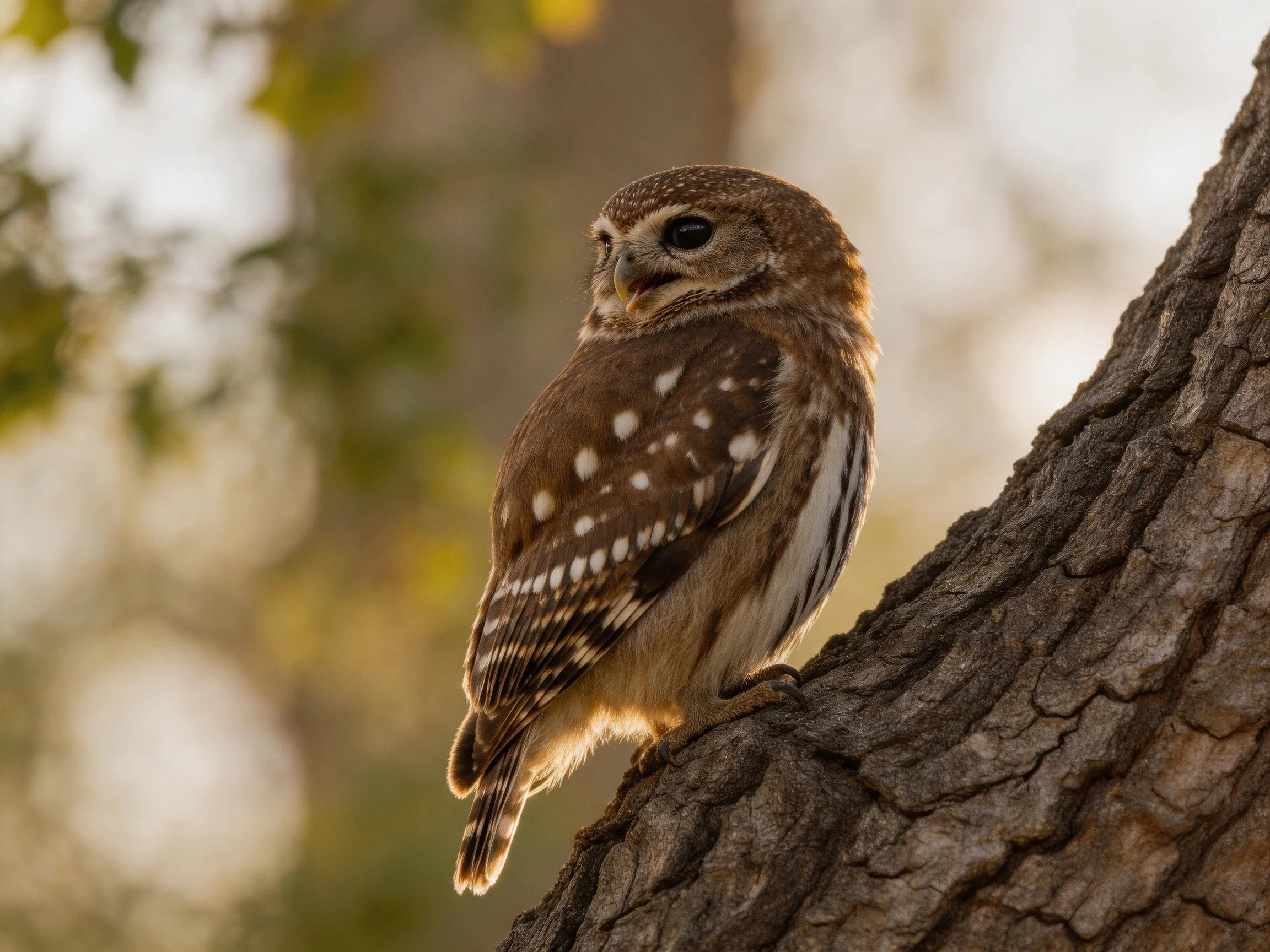 A spotted brown owl perched on a textured tree trunk