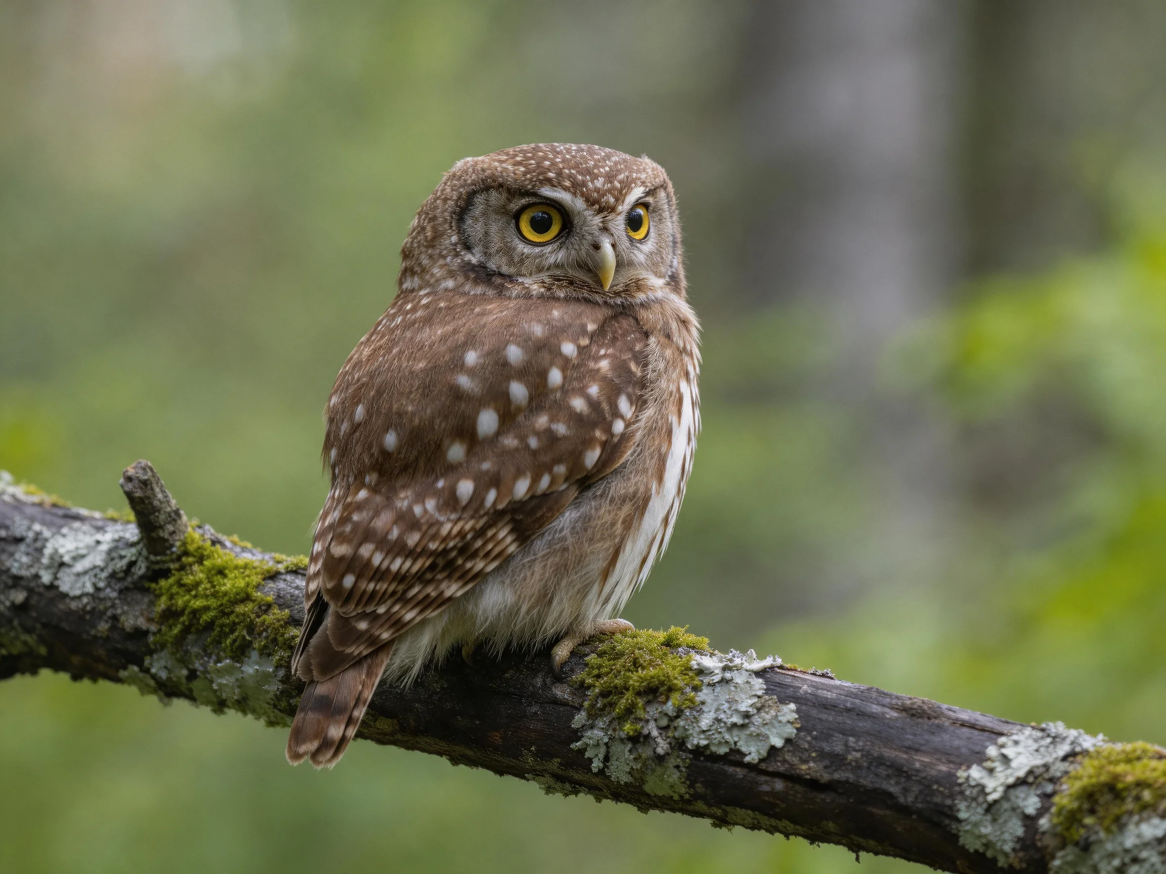 A spotted brown owl perches on a mossy, lichen-covered branch