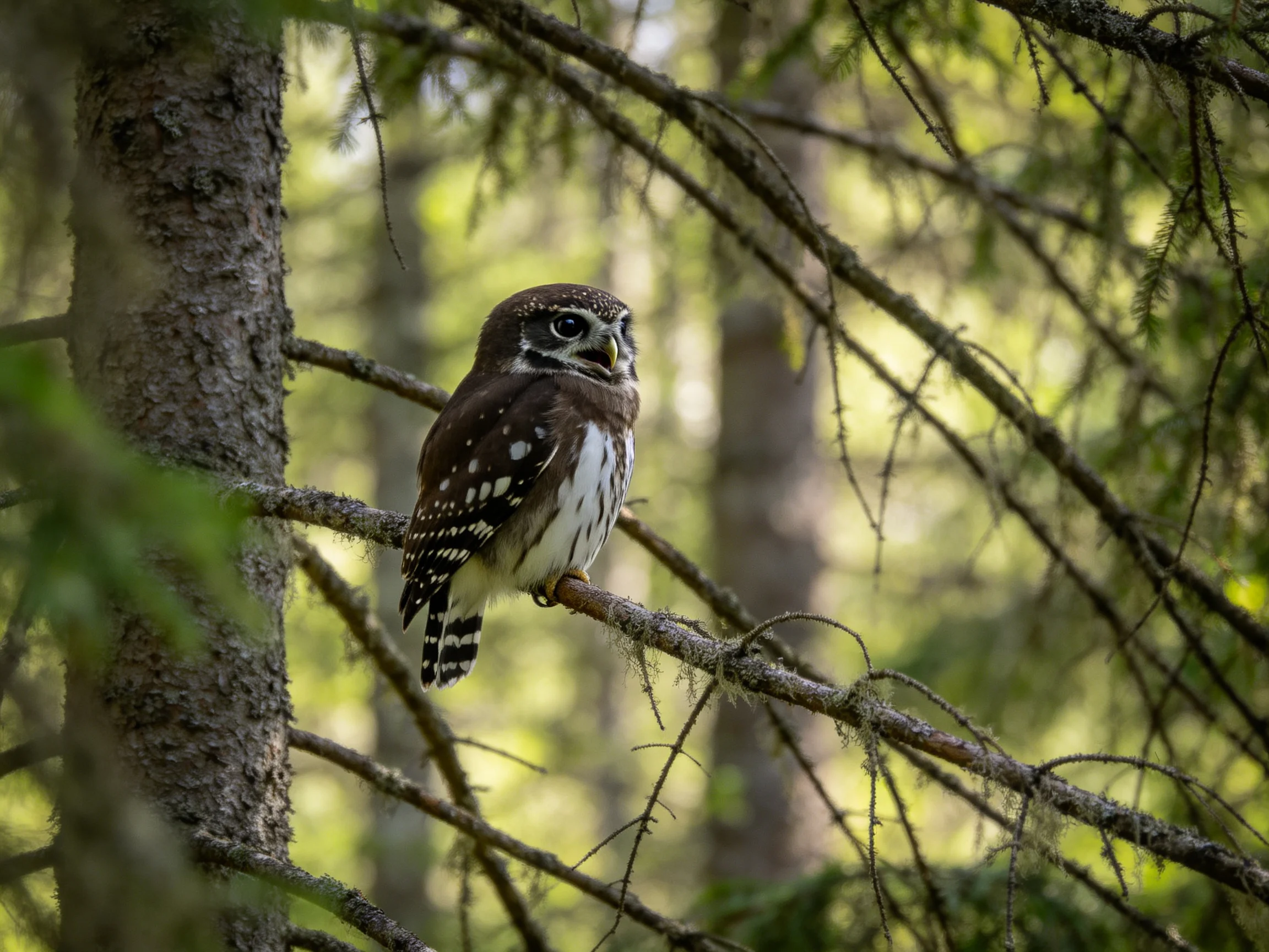 A spotted brown owl perches on a slender pine branch amid dense forest