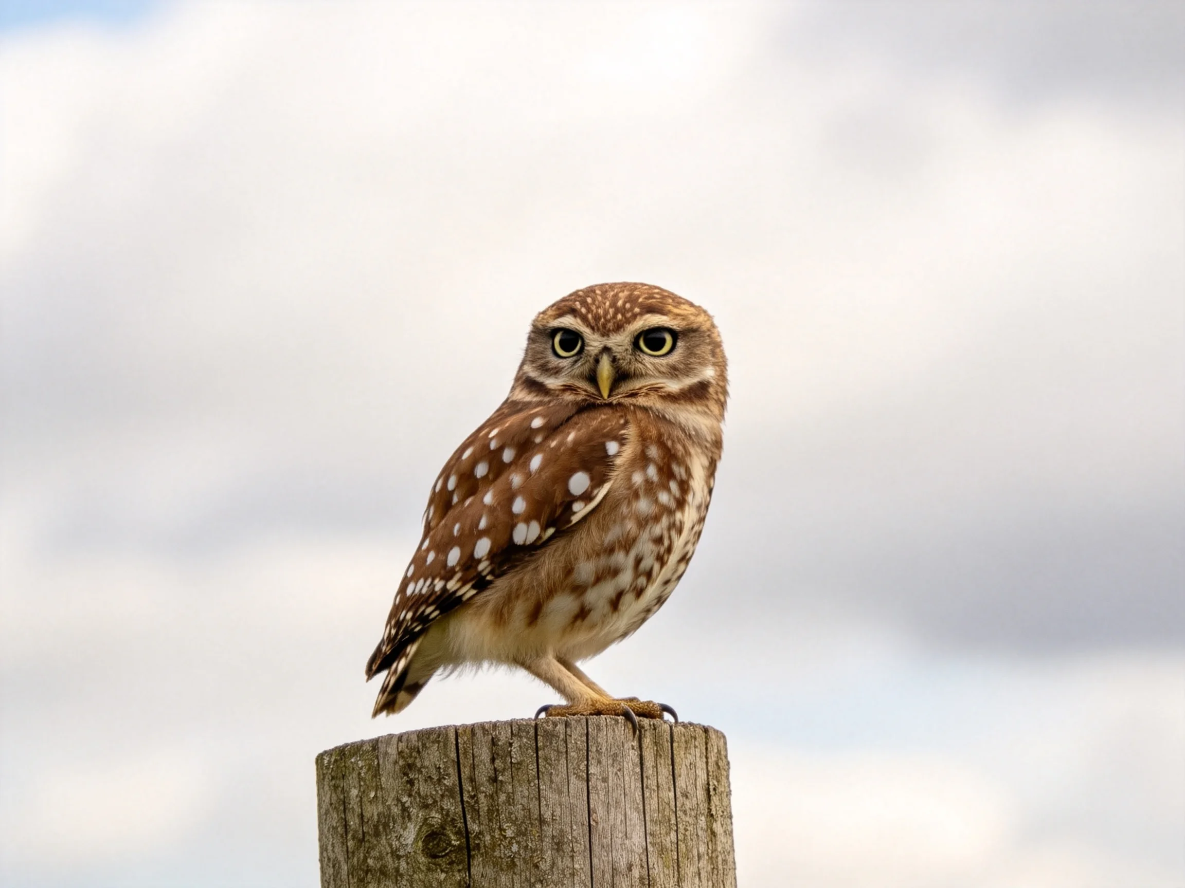 A spotted brown owl perches on a weathered wooden post