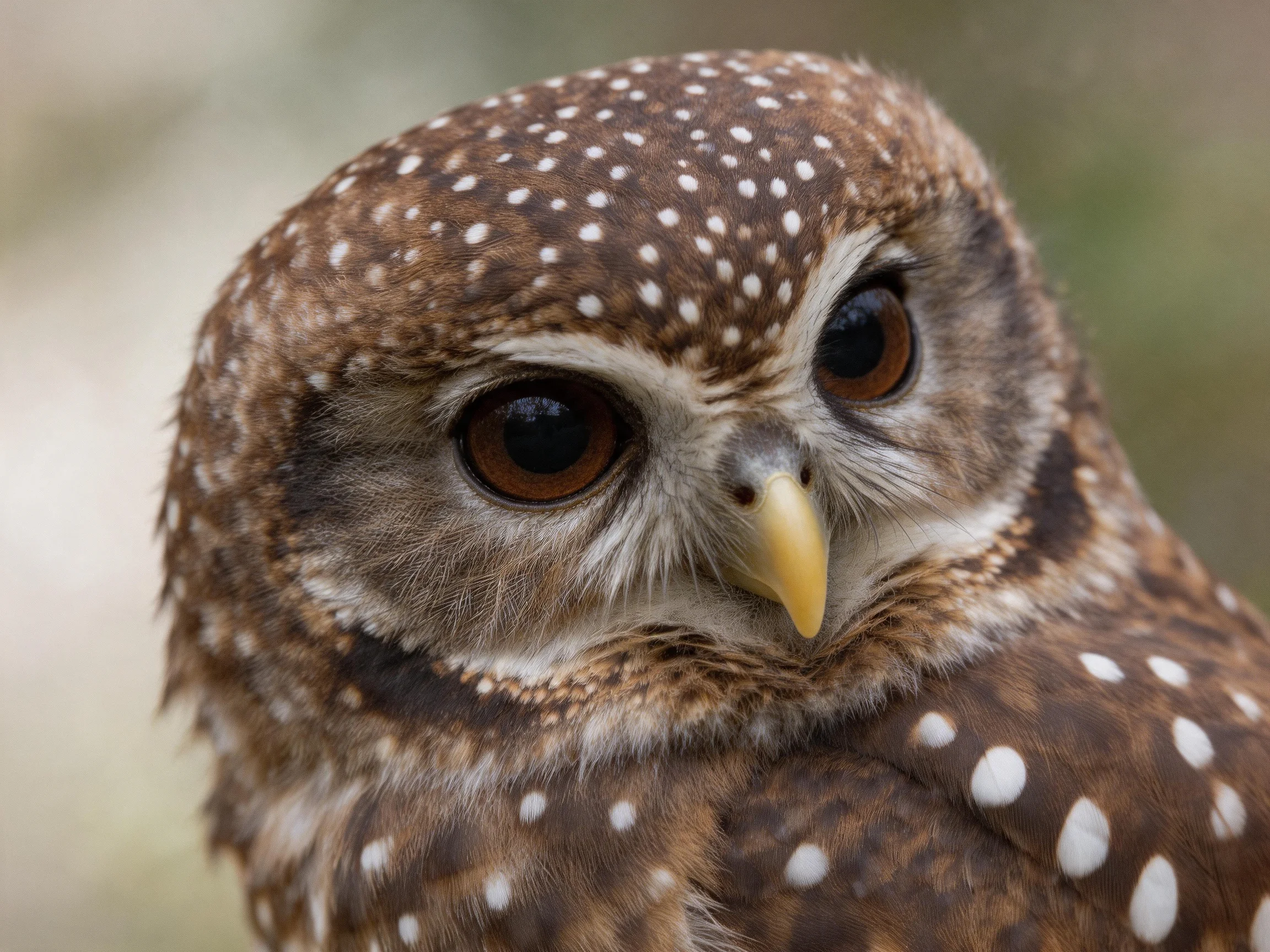 A spotted brown owl with large amber eyes