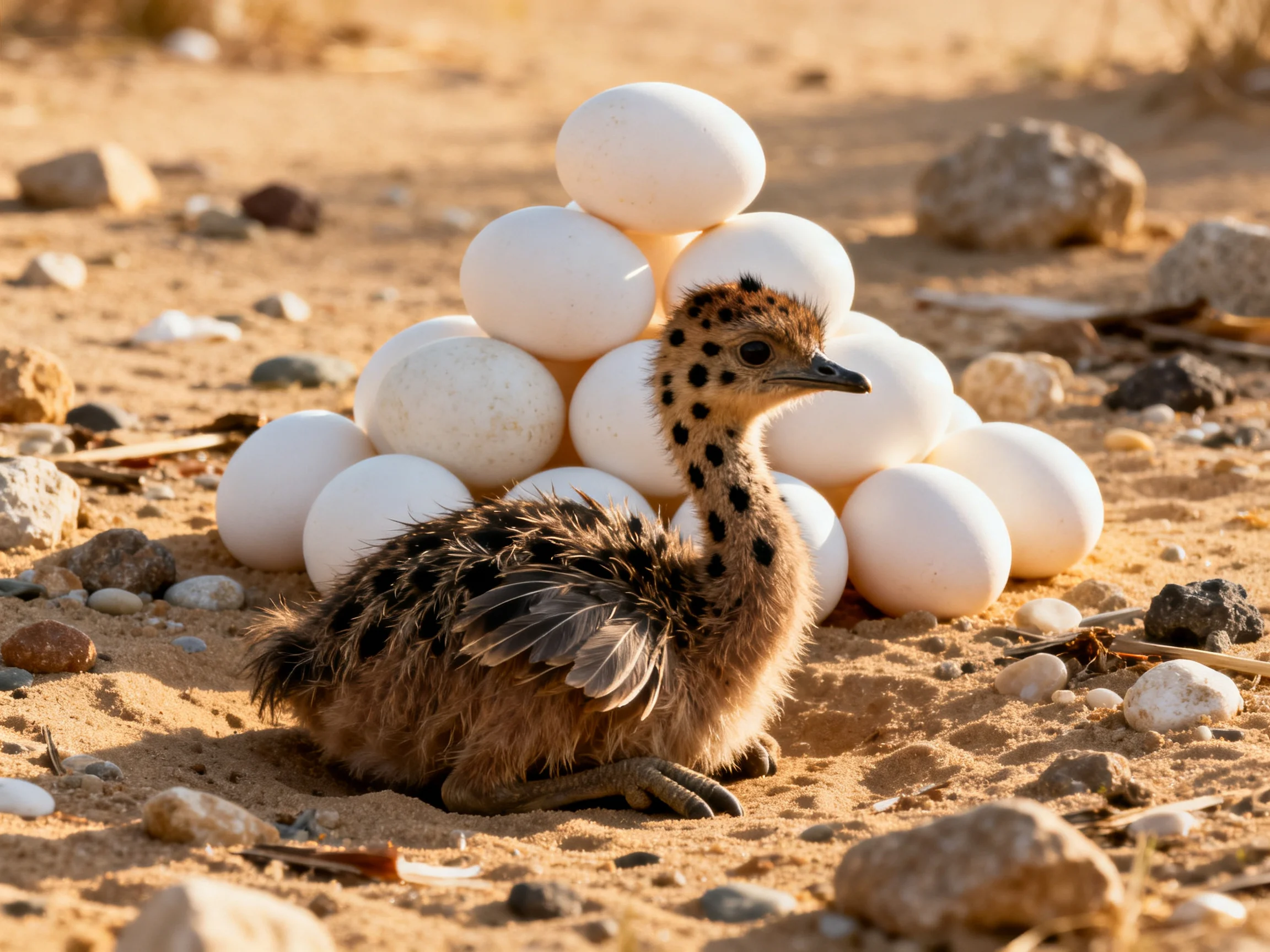 A spotted chick near a pyramid of large white eggs on sandy terrain