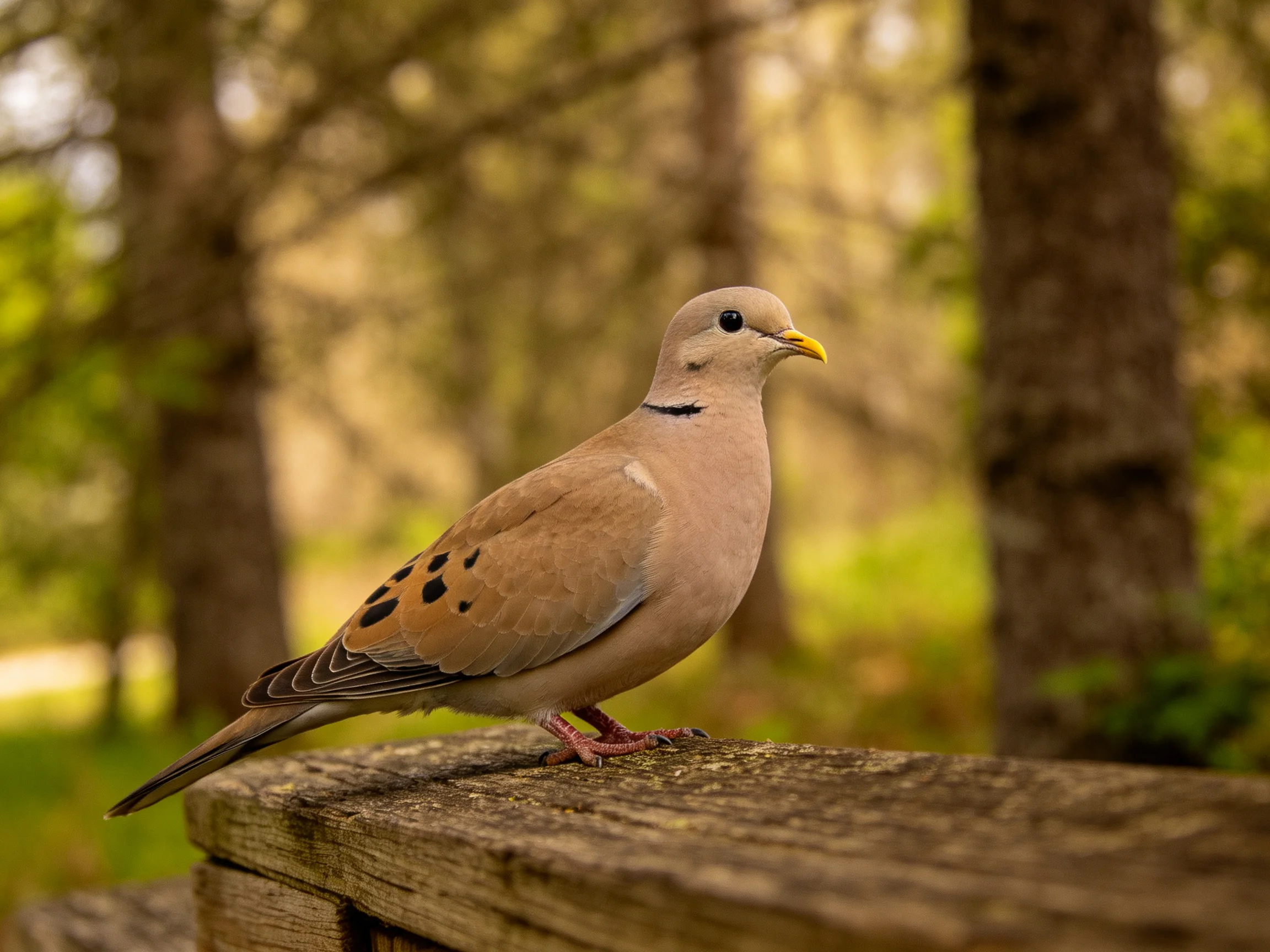 A spotted dove perches on a wooden ledge near tall trees.