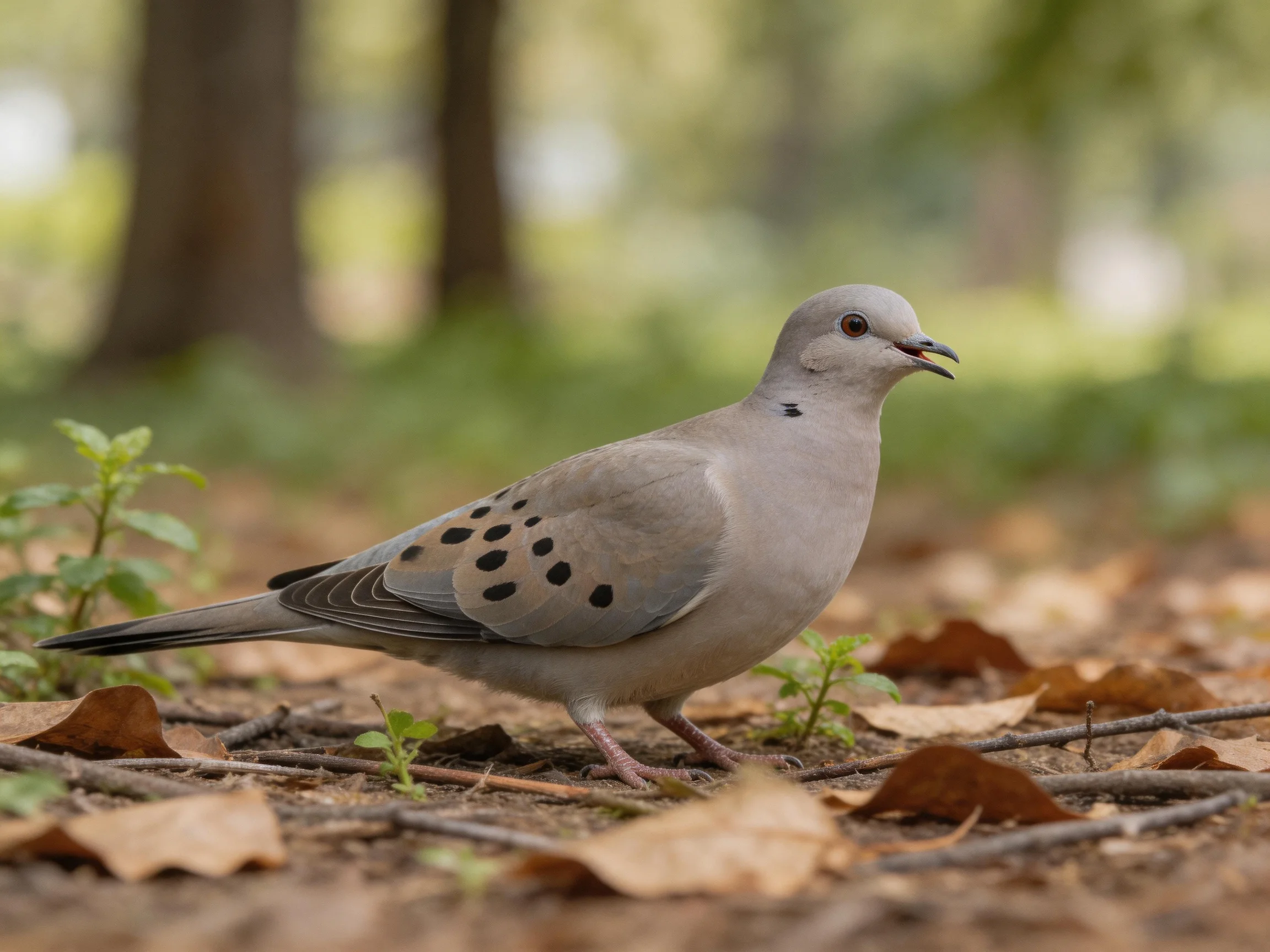 A spotted dove with black-spotted wings walks on a leaf-filled forest floor